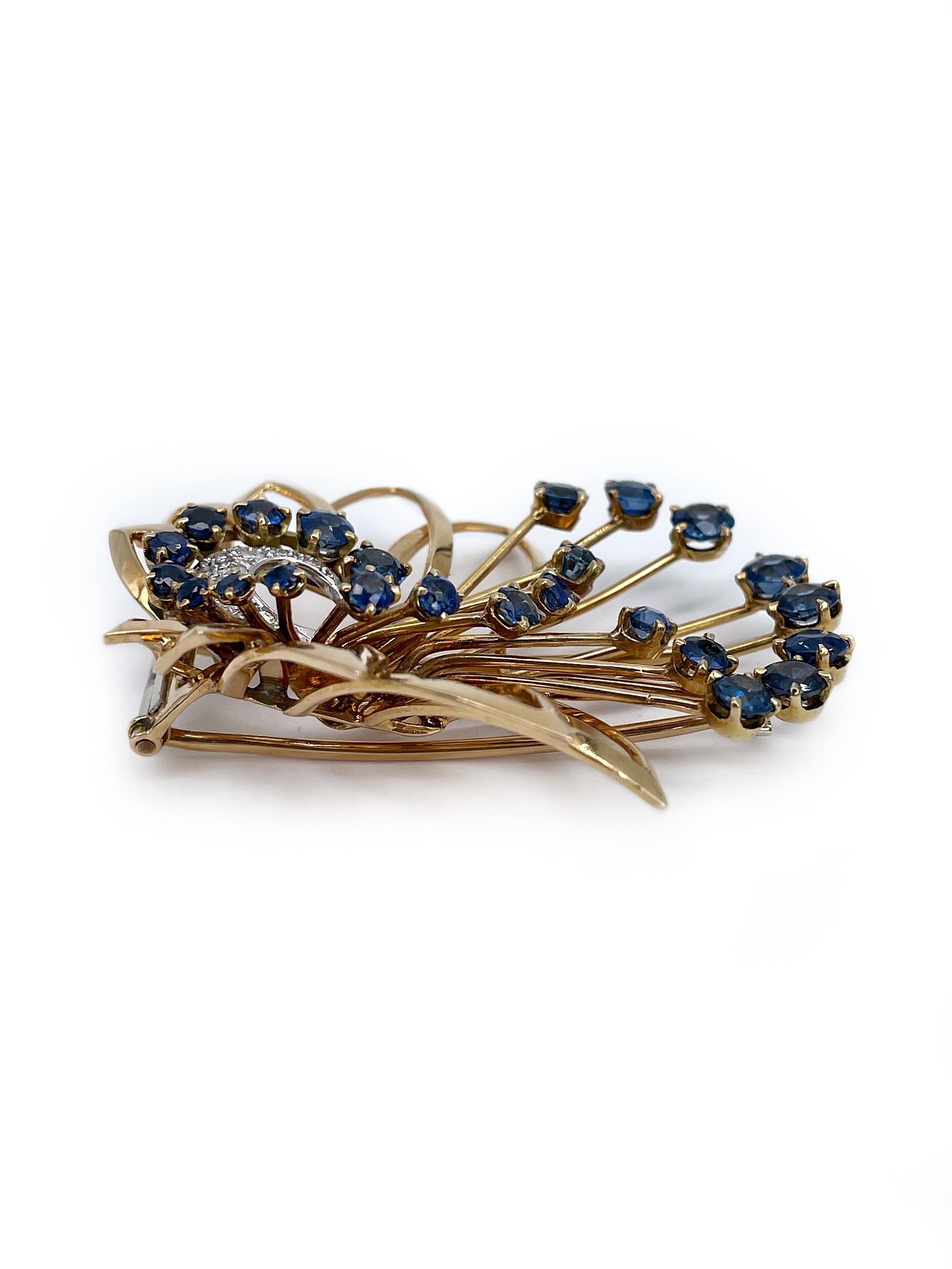 Gübelin Vintage 18 Karat Gold Sapphire Diamond Floral Pin Brooch 1