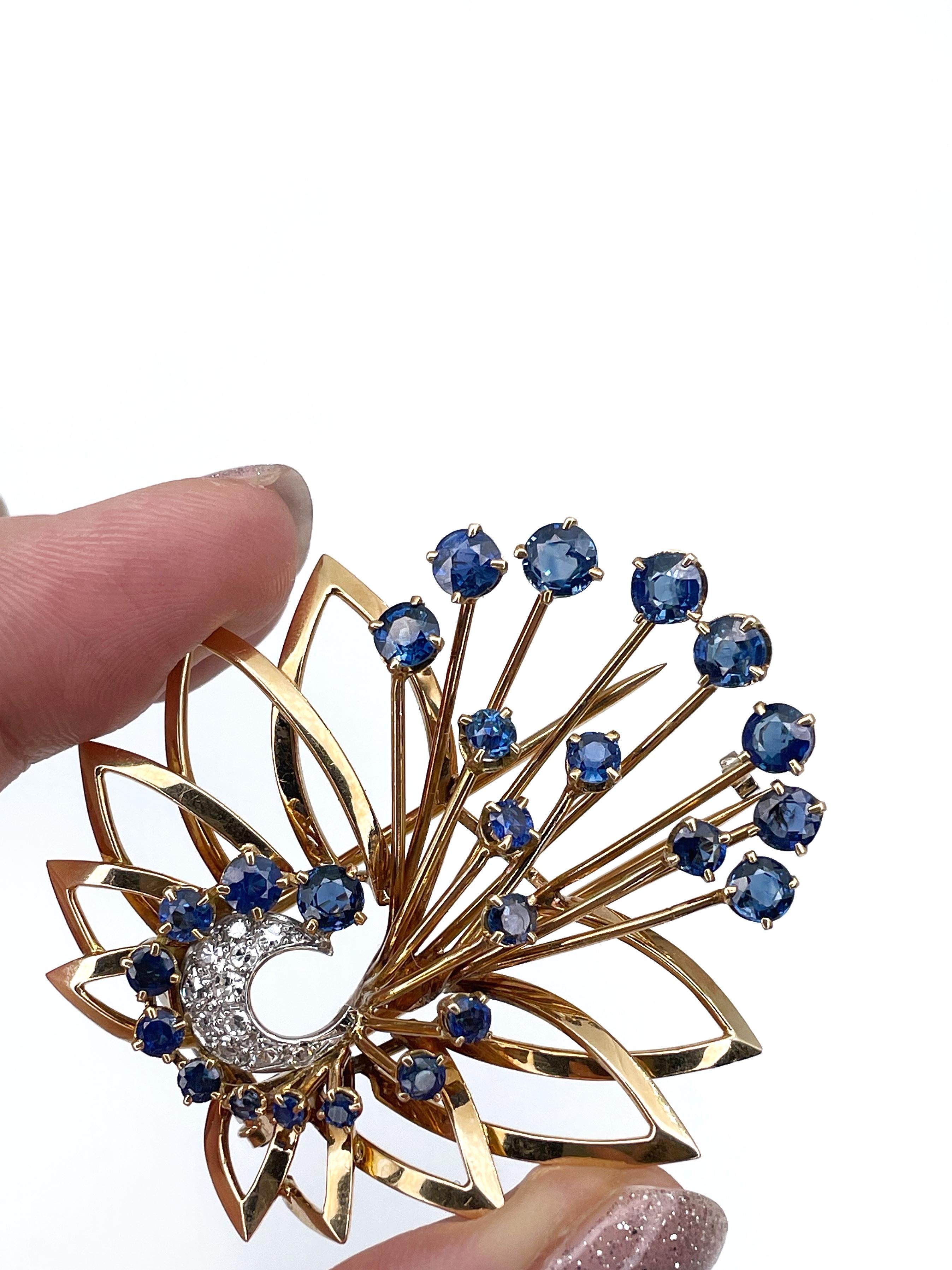 Gübelin Vintage 18 Karat Gold Sapphire Diamond Floral Pin Brooch 2