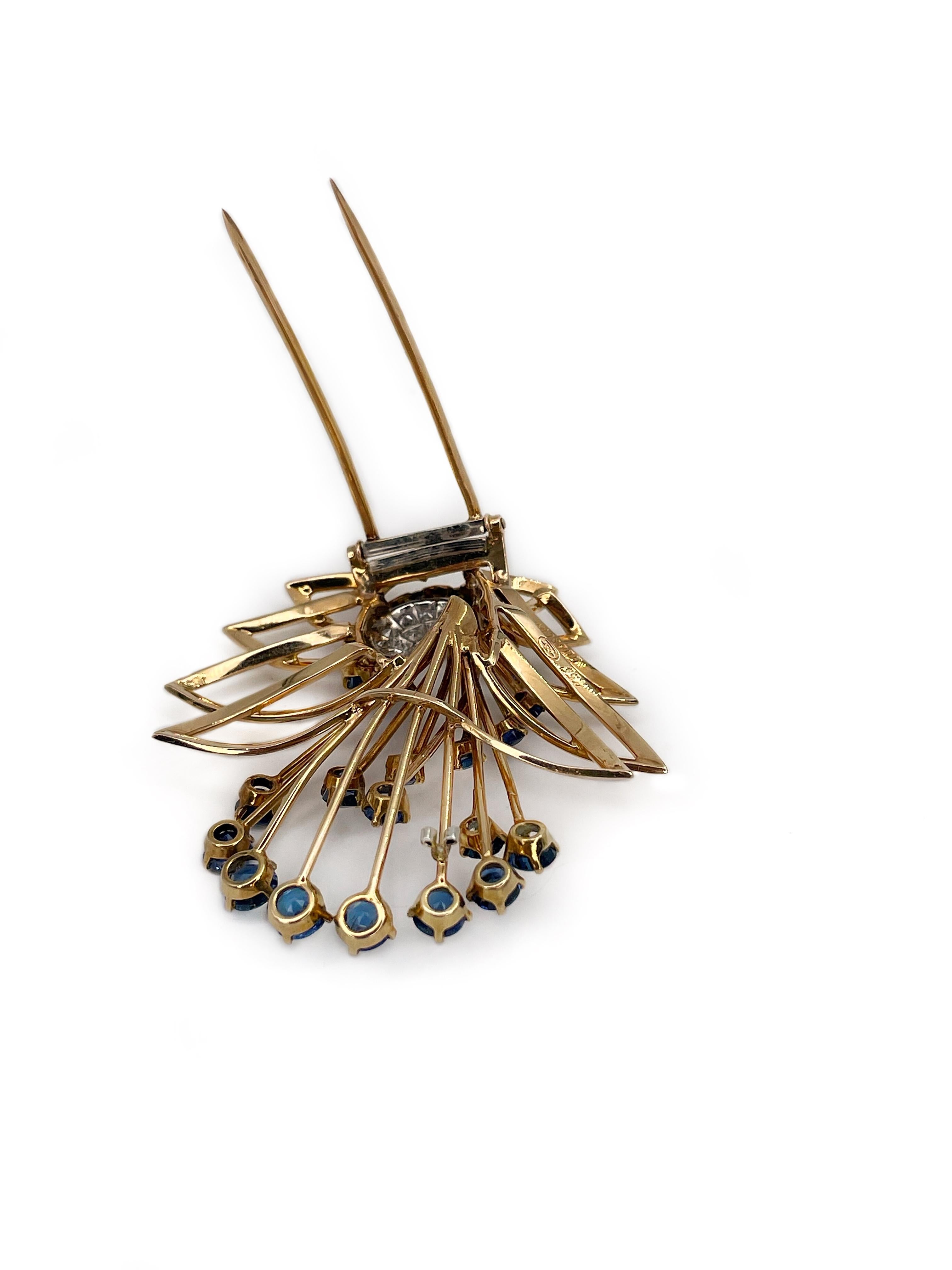Gübelin Vintage 18 Karat Gold Sapphire Diamond Floral Pin Brooch 3