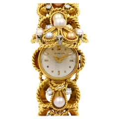 Gubelin Vintage 18 Karat Yellow Gold Pearls and Diamonds Ladies Watch 1.30 Carat