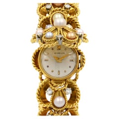 Gubelin Vintage 18 Karat Yellow Gold Pearls and Diamonds Ladies Watch 1.30 Carat