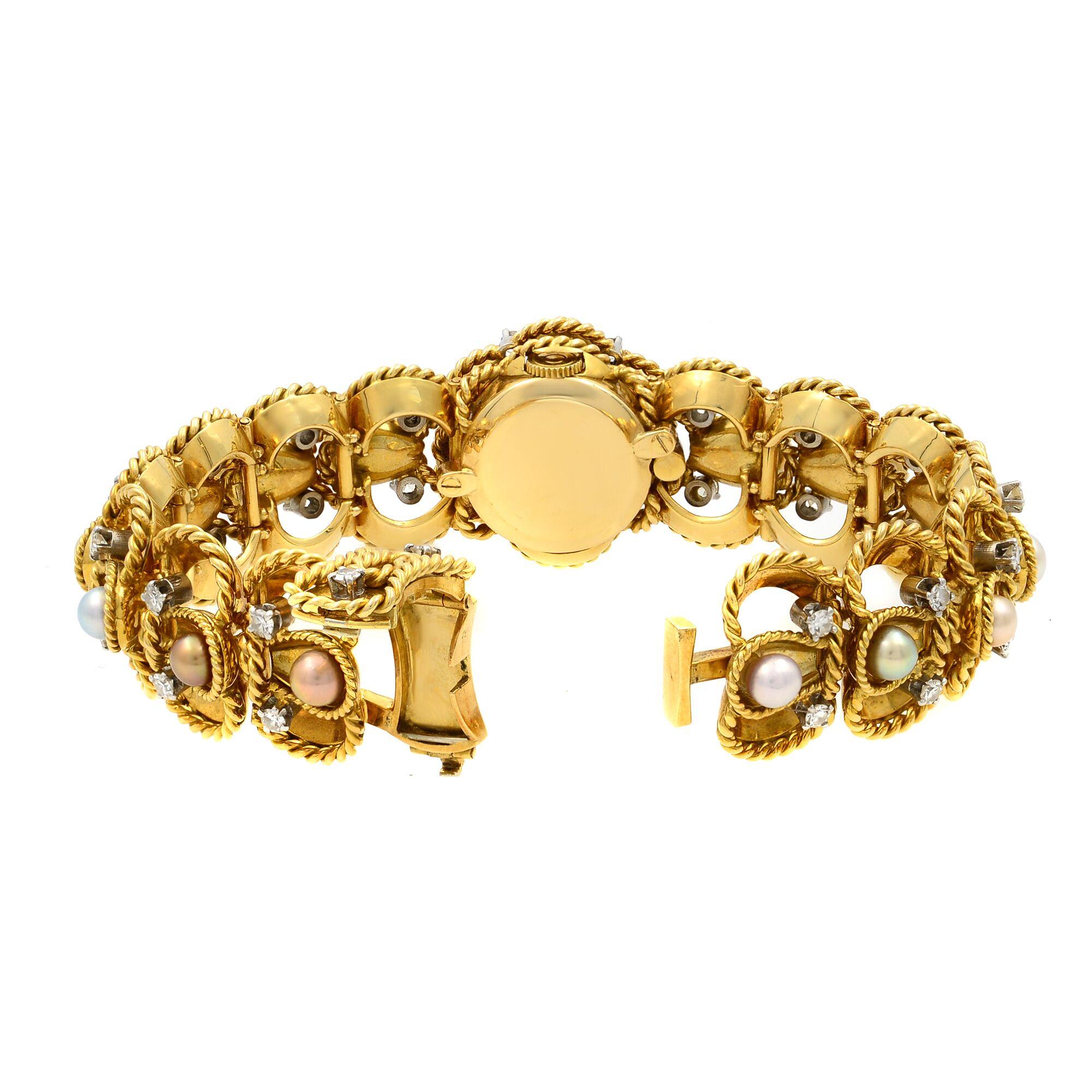 Round Cut Gubelin Vintage 18 Karat Yellow Gold Perls and Diamonds Ladies Watch 1.30 Carat
