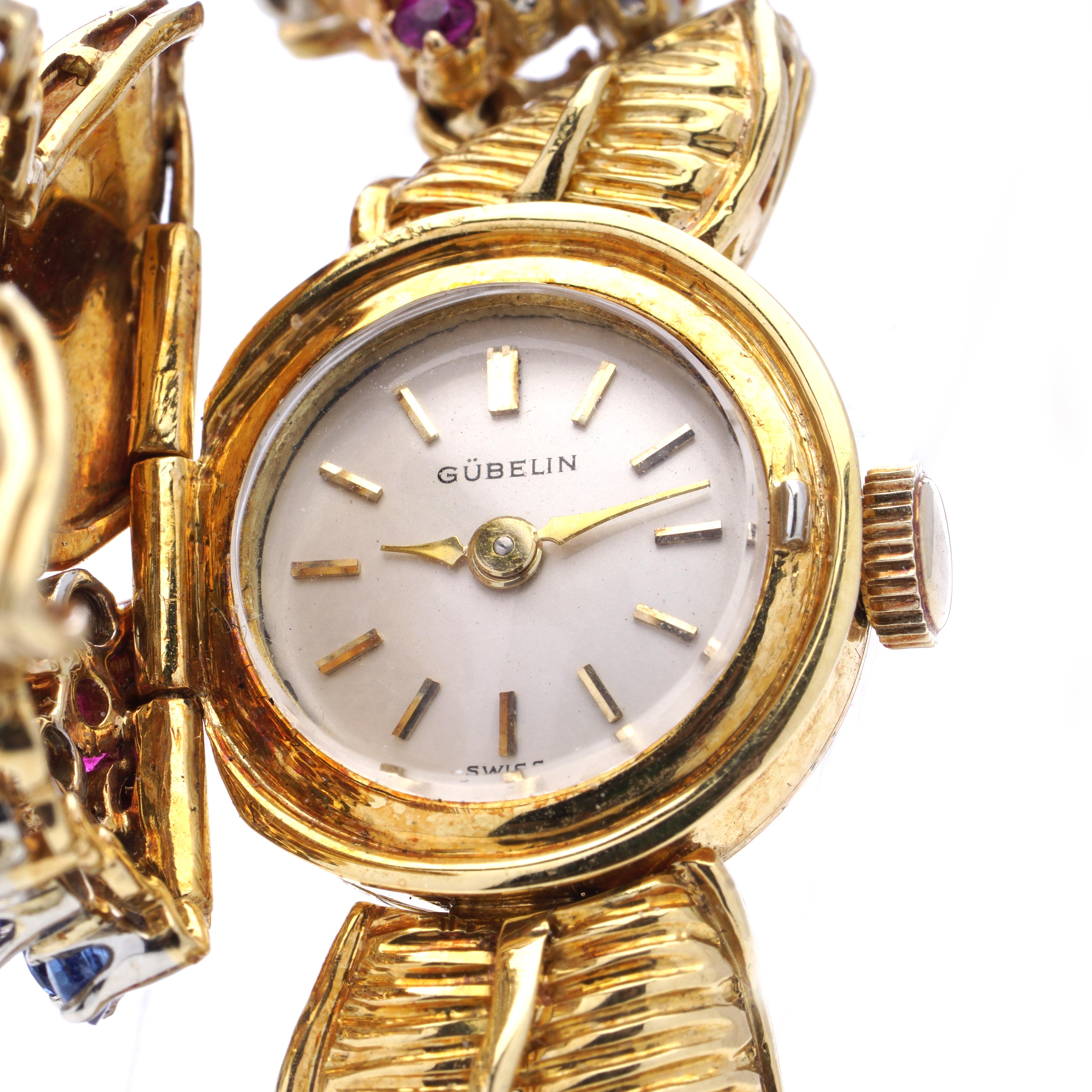 Gübelin Vintage 18 Karat Yellow Gold Sapphire, Ruby & Diamond Bracelet Watch For Sale 5