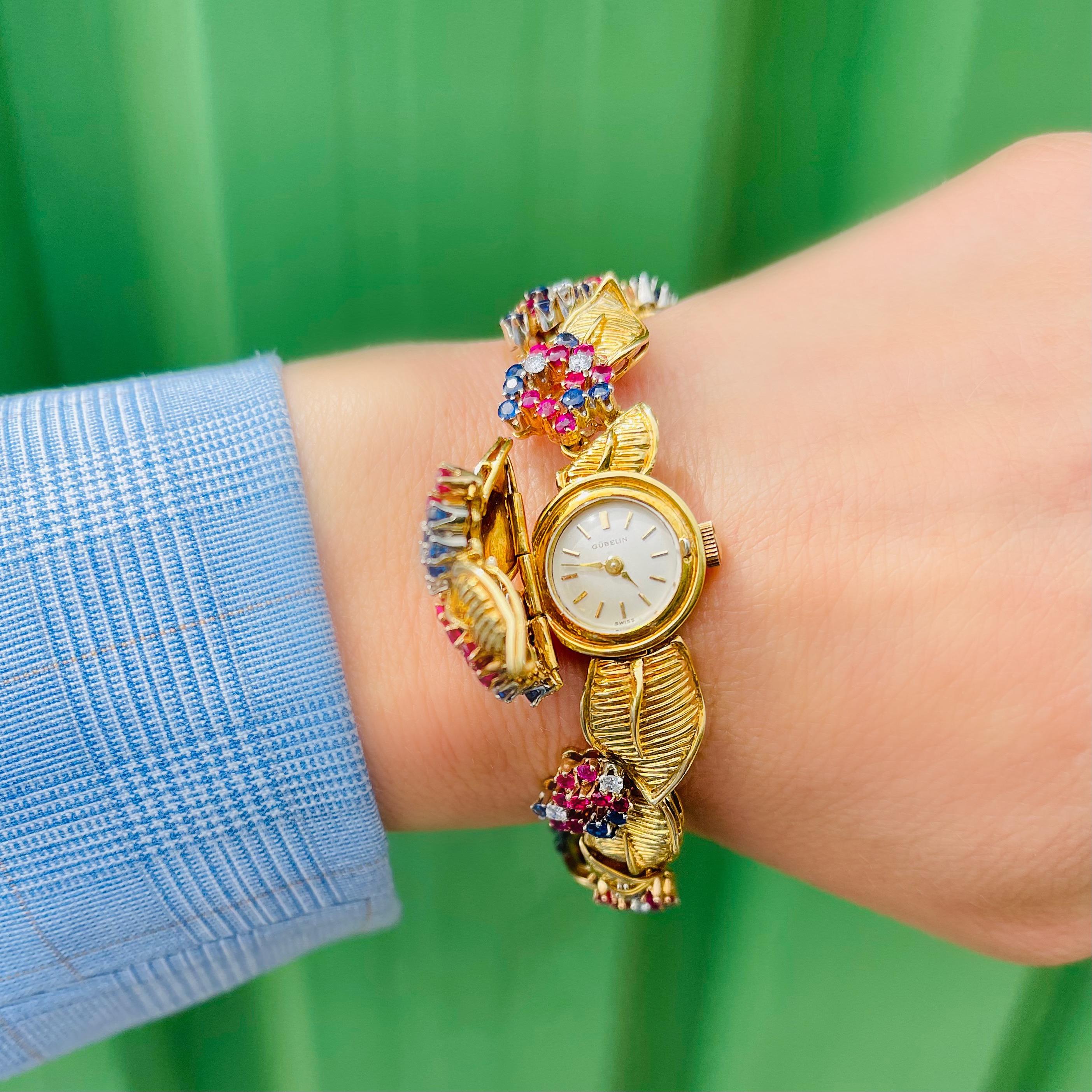 Gübelin Vintage Armbanduhr aus 18 Karat Gelbgold mit Saphiren, Rubinen und Diamanten im Angebot 9