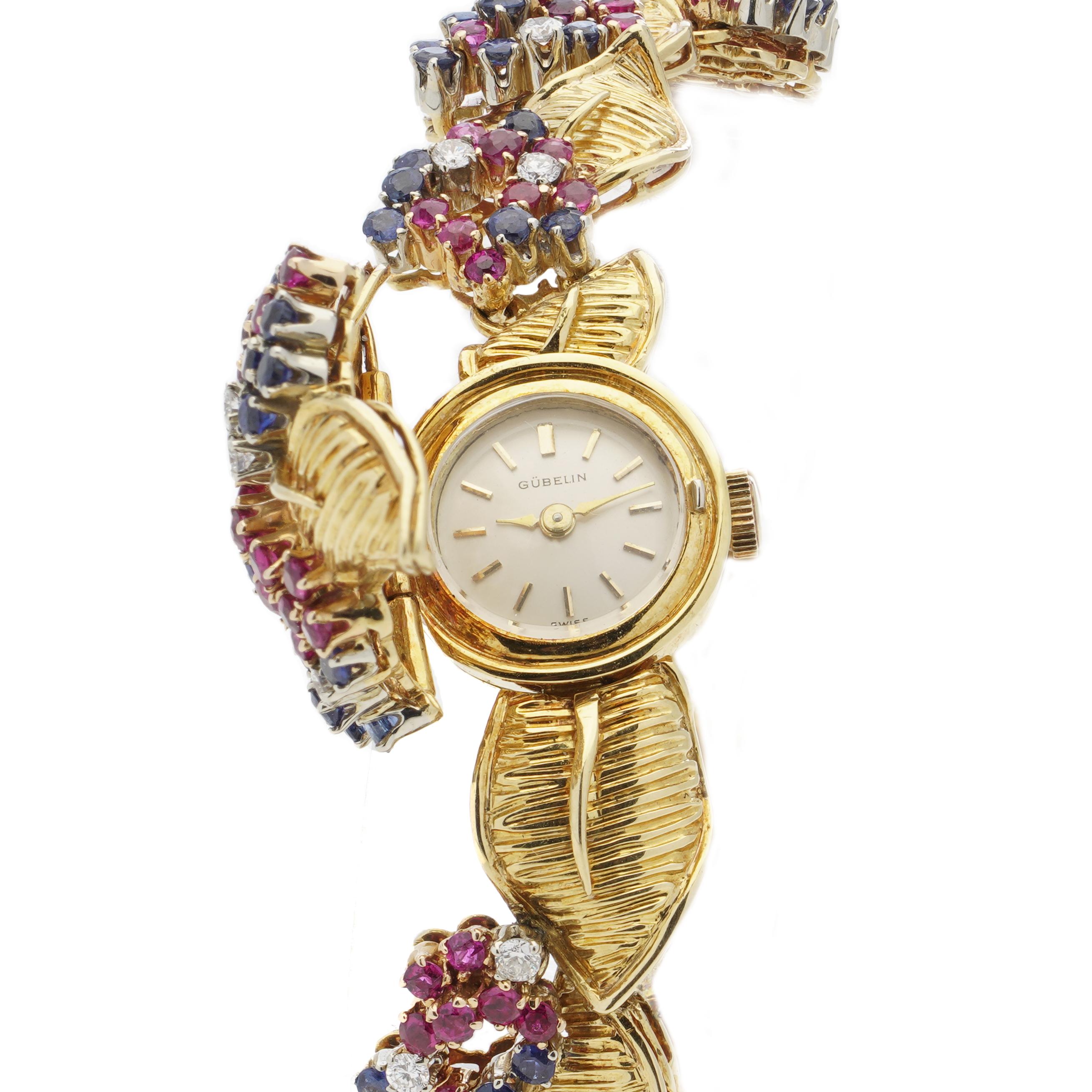 Round Cut Gübelin Vintage 18 Karat Yellow Gold Sapphire, Ruby & Diamond Bracelet Watch For Sale