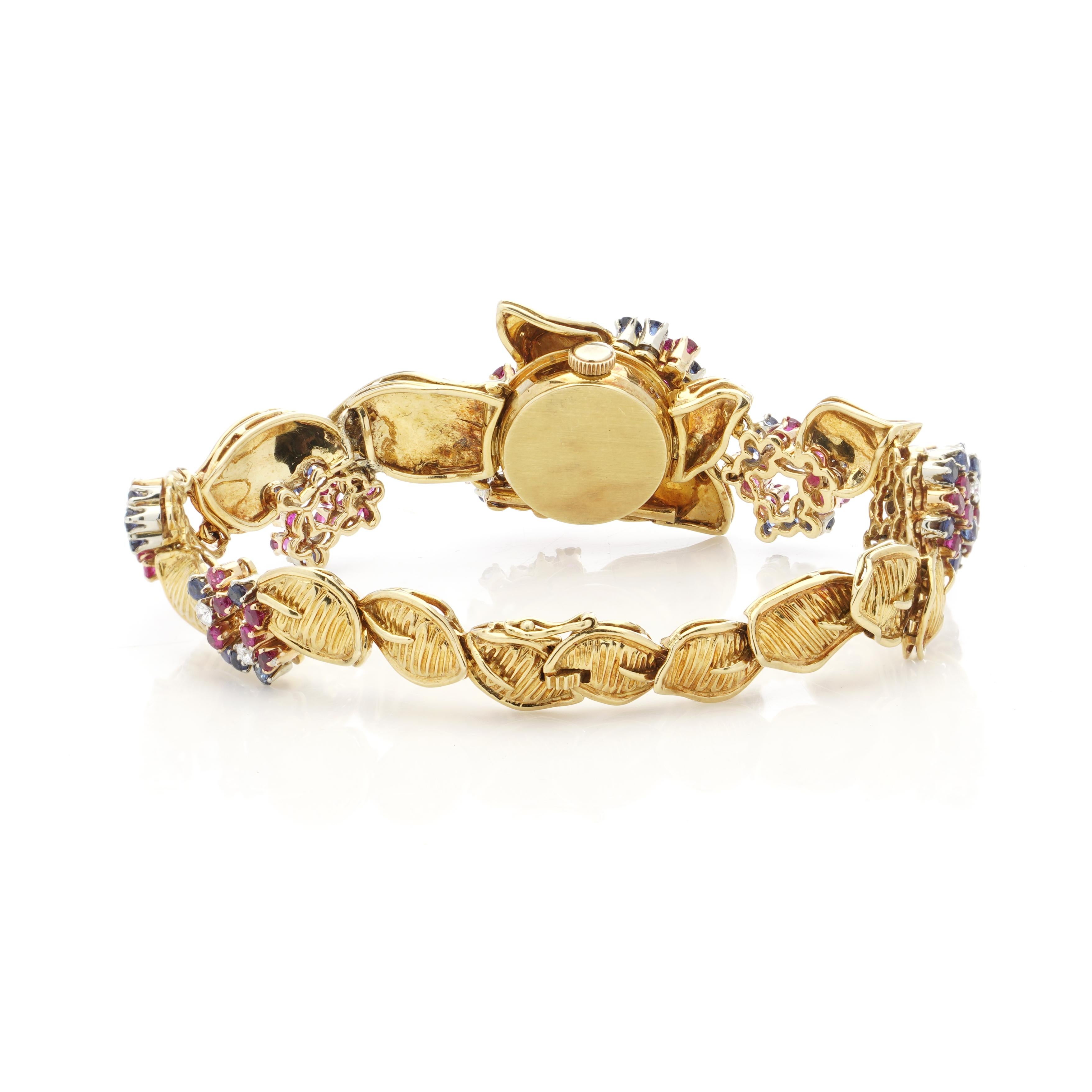 Women's Gübelin Vintage 18 Karat Yellow Gold Sapphire, Ruby & Diamond Bracelet Watch For Sale