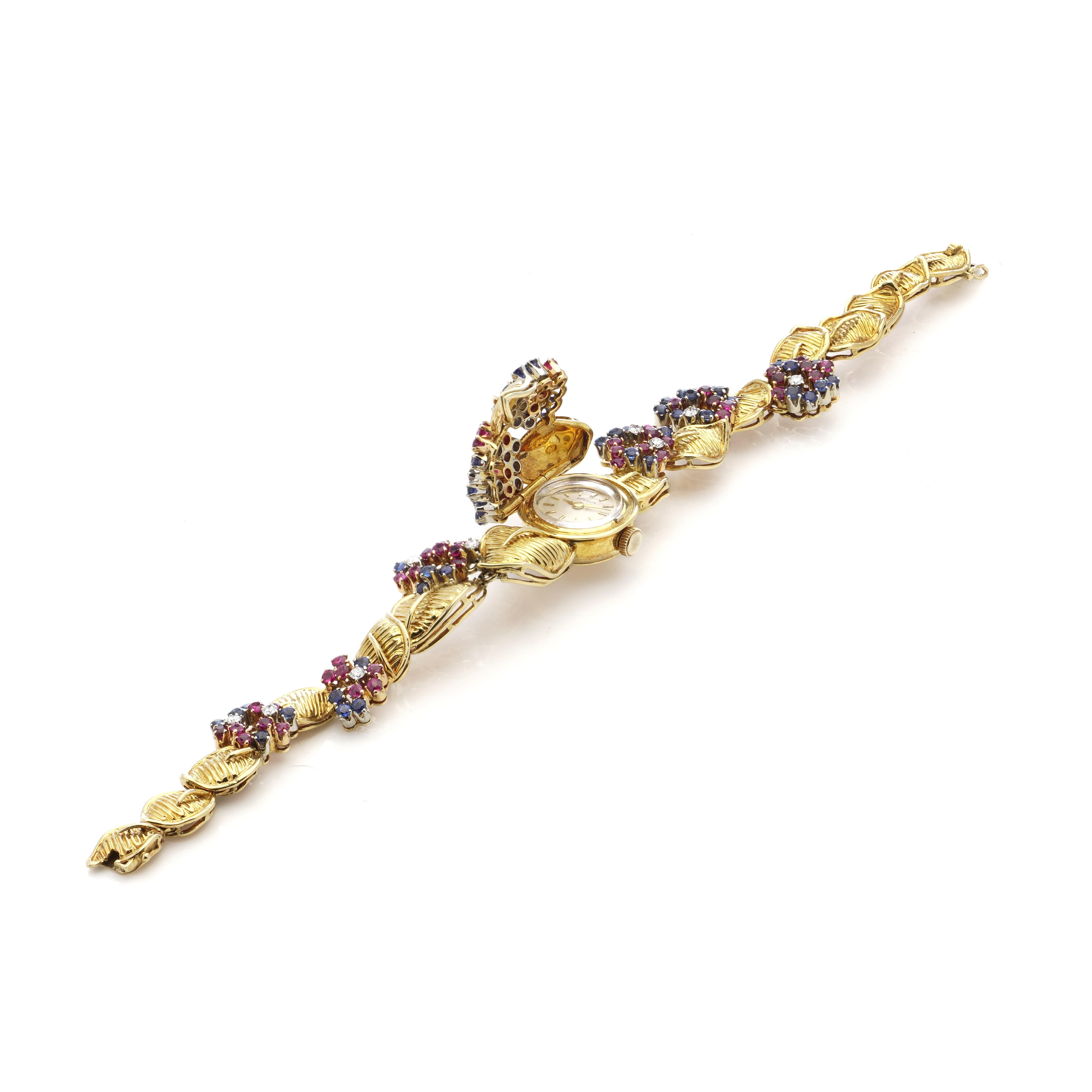 Gübelin Vintage 18 Karat Yellow Gold Sapphire, Ruby & Diamond Bracelet Watch For Sale 1