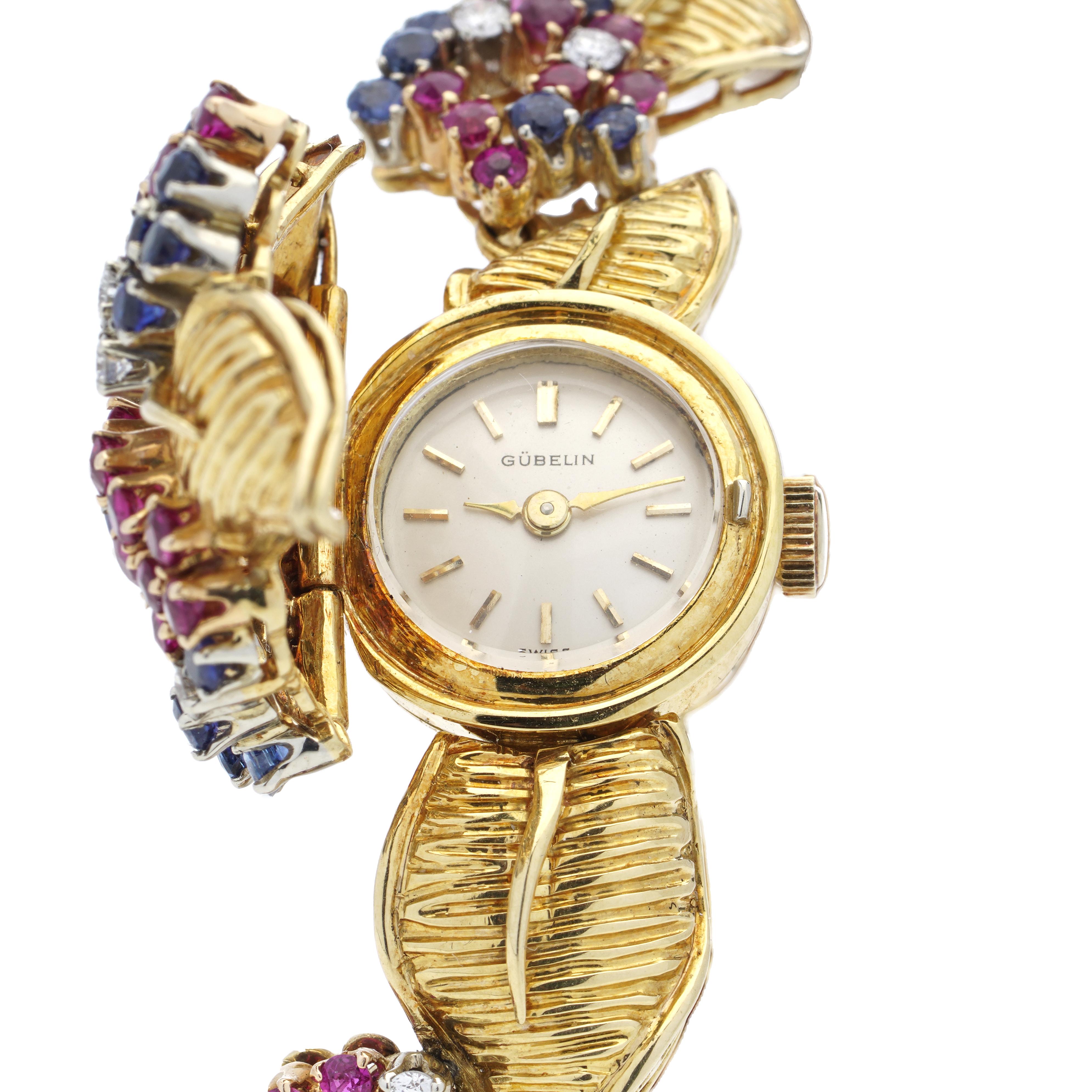 Gübelin Vintage 18 Karat Yellow Gold Sapphire, Ruby & Diamond Bracelet Watch For Sale 2