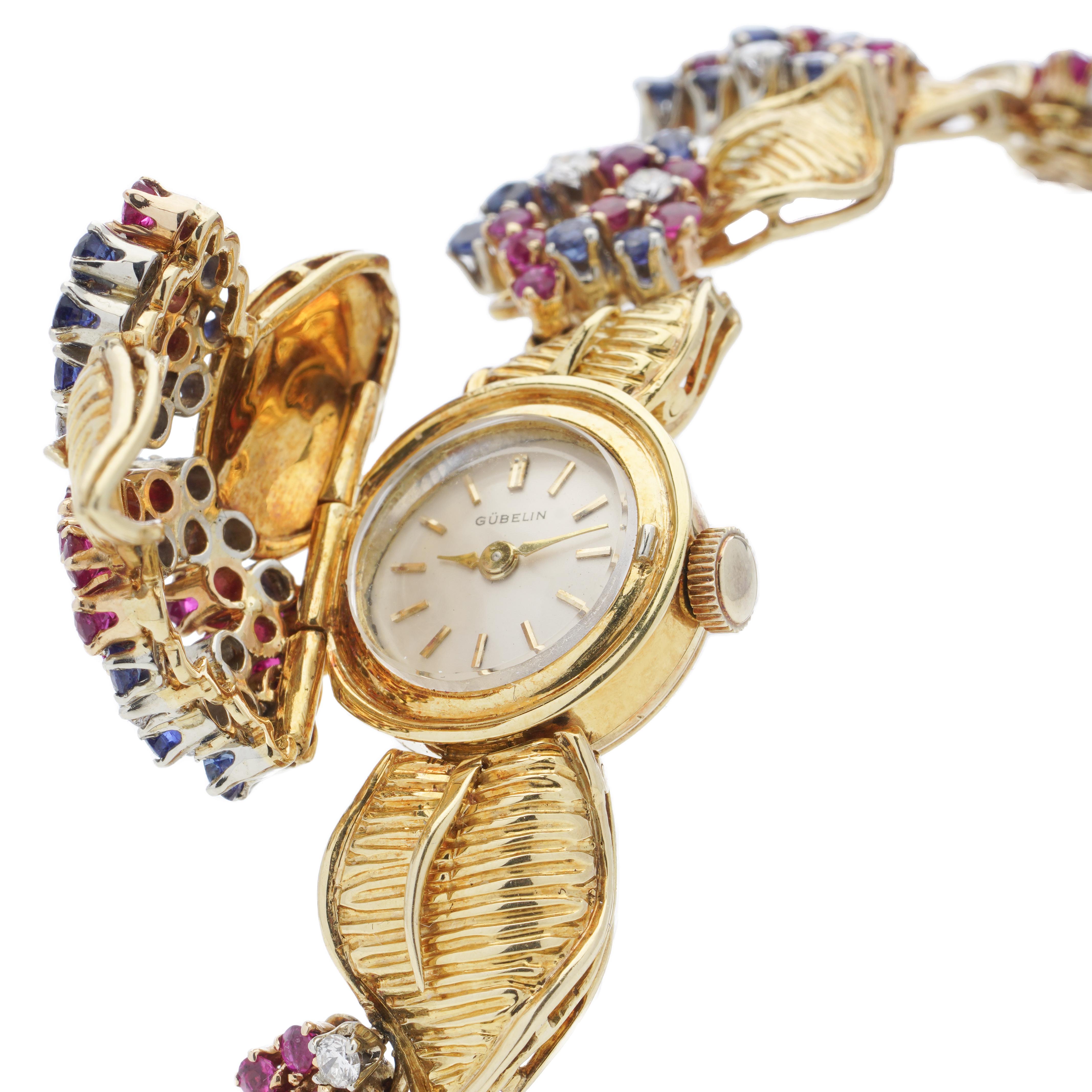 Gübelin Vintage Armbanduhr aus 18 Karat Gelbgold mit Saphiren, Rubinen und Diamanten im Angebot 4