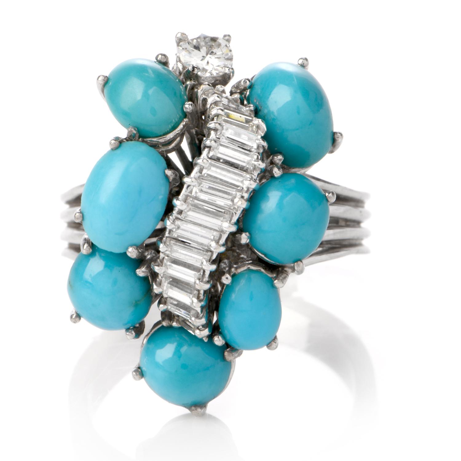 This beautiful vintage Gübelin diamond and turquoise cocktail ring is crafted in 18-karat white gold, weighing 6.8 grams and measuring 22mm wide x 10mm high. Composed of seven prong-set Persian turquoise cabochons of round and oval shapes approx.