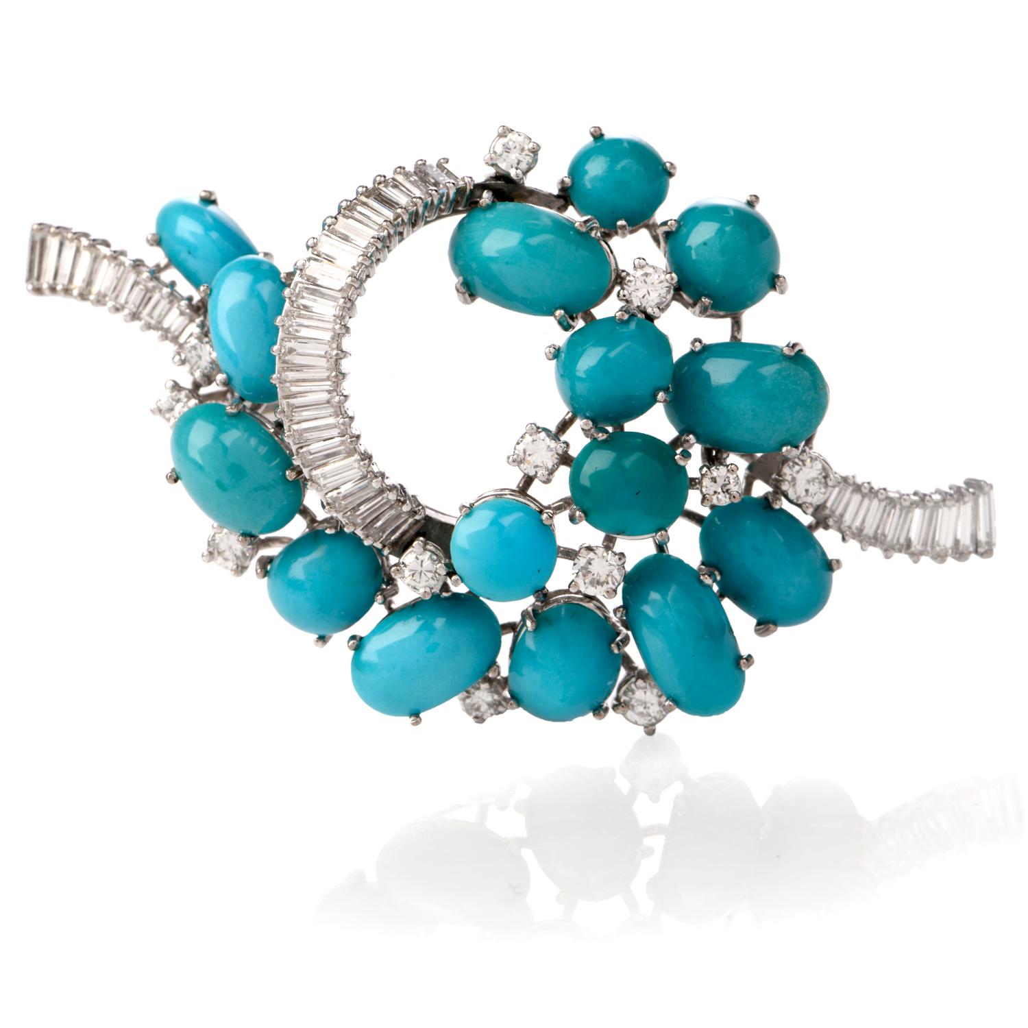This shimerring designer diamond and turquoise pin brooch,circa 1960  is crafted in18-karat white gold, weighing 12.7 grams and measuring 54mm wide x 32mm long. Composed of  15 prong-set Persian turquoise cabochons of round and oval shape approx.