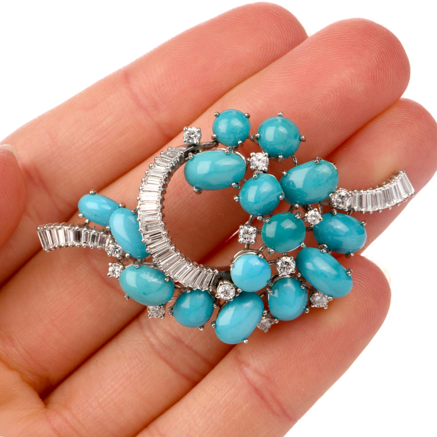 Gubelin Vintage Baguette Diamond Turquoise Gold Pin Brooch In Excellent Condition In Miami, FL