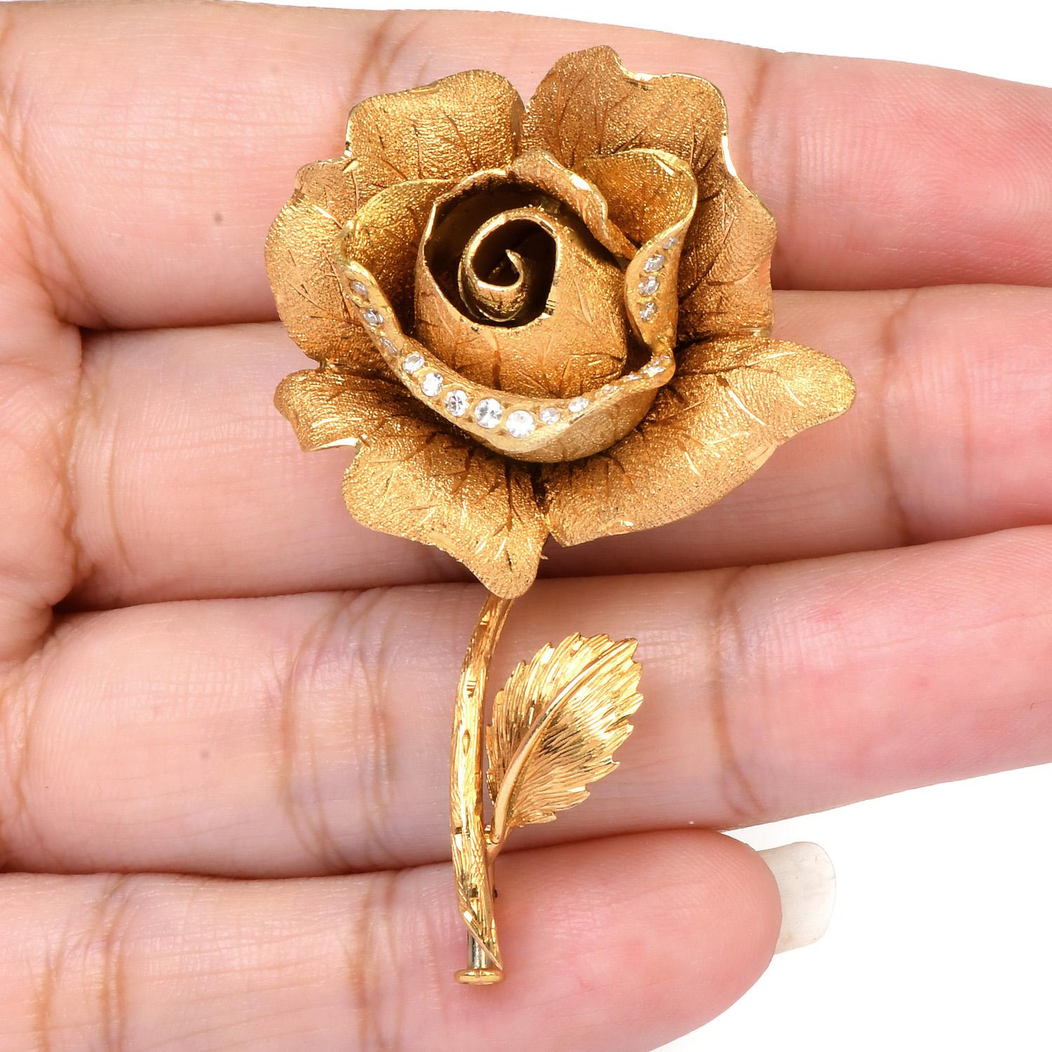Retro Gubelin Vintage Diamond 18K Yellow Gold Textured Rose Flower Brooch Pin