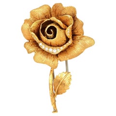 Gubelin Vintage Diamond 18K Yellow Gold Textured Rose Flower Brooch Pin