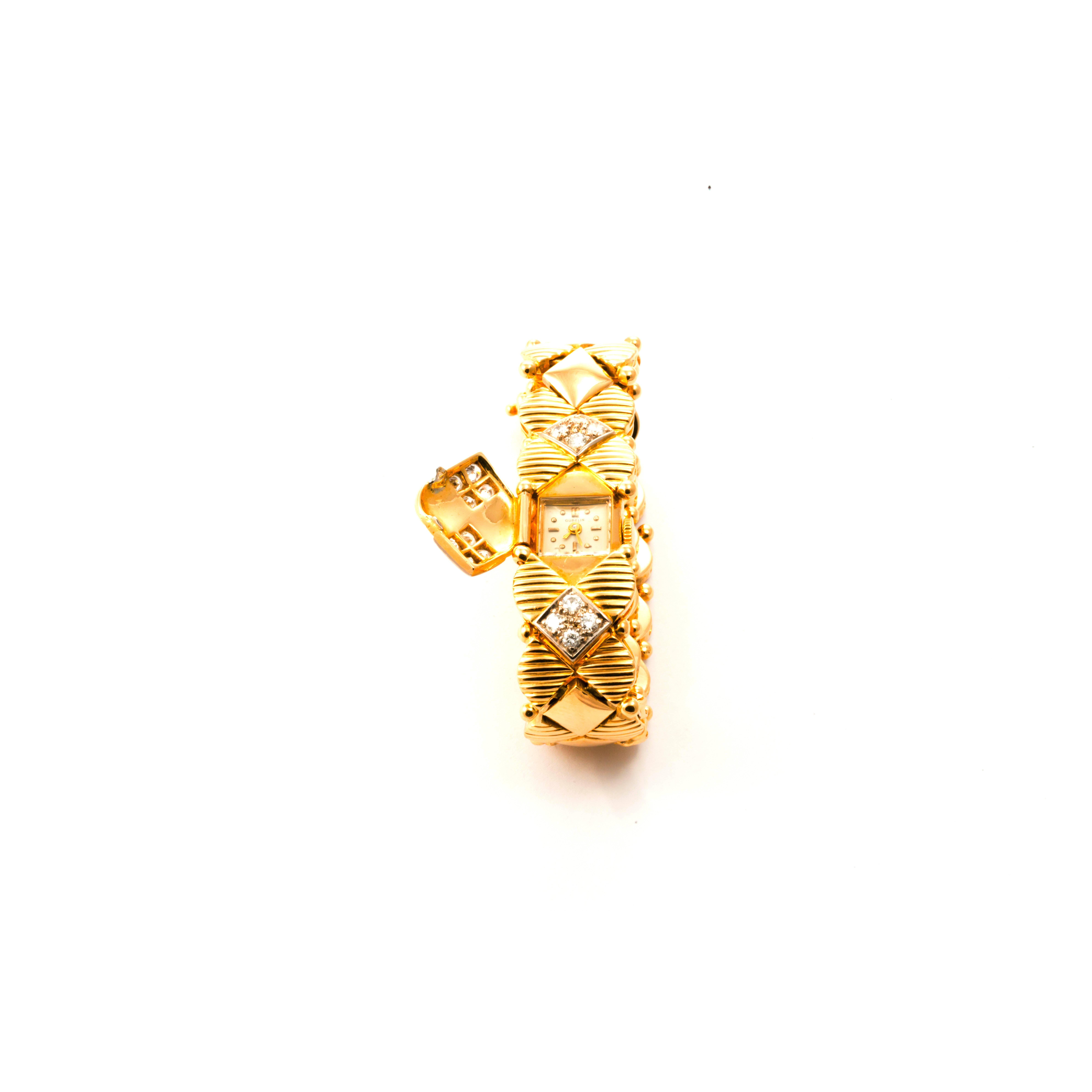 Women's Gubelin 18K Yellow Gold Diamond Mystery Watch Bangle Bracelet For Sale