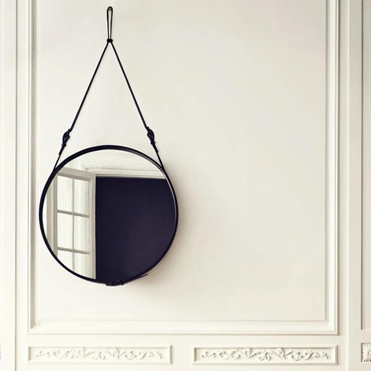 Danish Gubi Adnet Black Leather Wall Mirror Ø70 Designed by Jacques Adnet in Stock For Sale