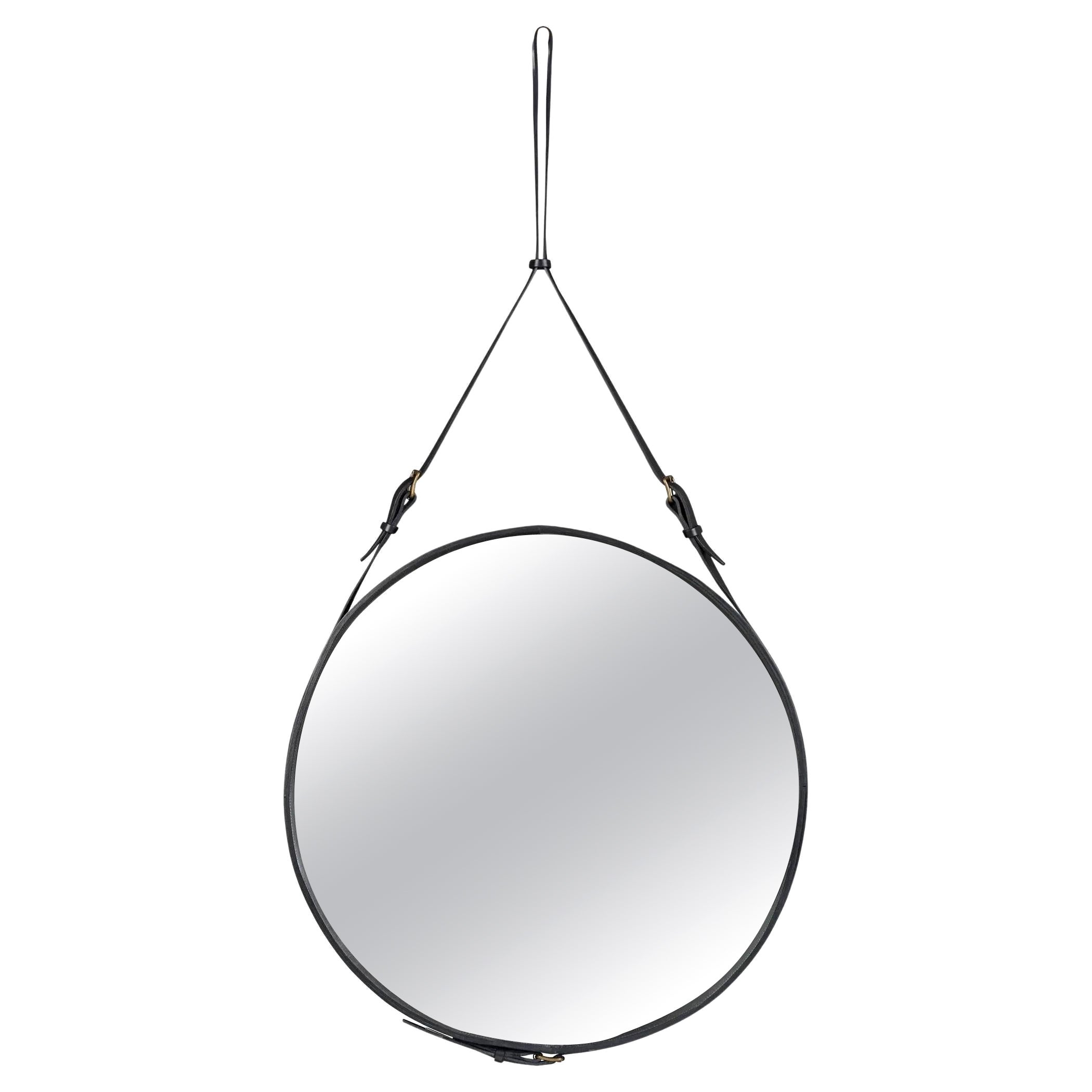 Gubi Adnet Miroir mural en cuir noir Ø70 Designé par Jacques Adnet en stock en vente