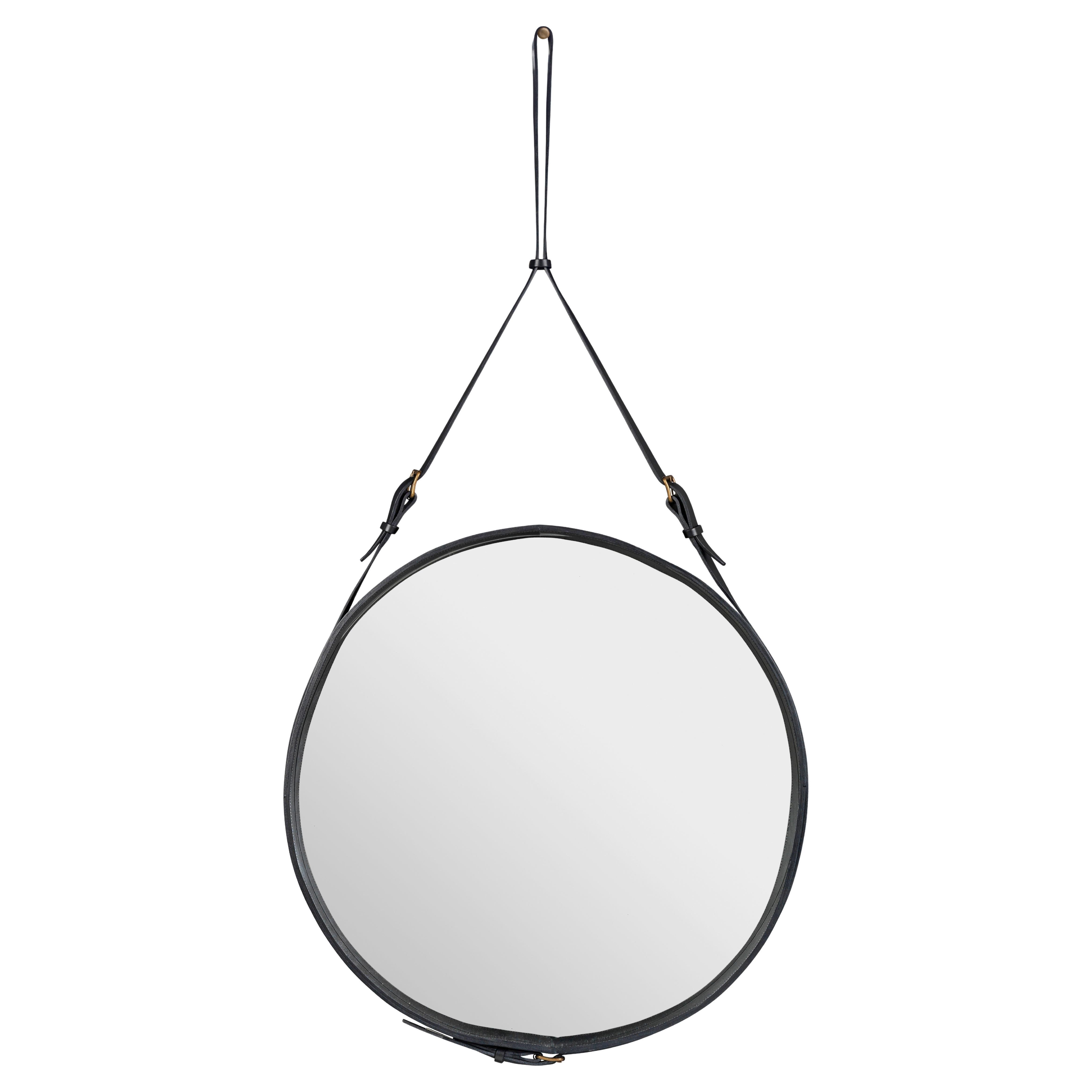 GUBI Adnet Wall Mirror Circular Black Leather Ø58 cm by Jacques Adnet