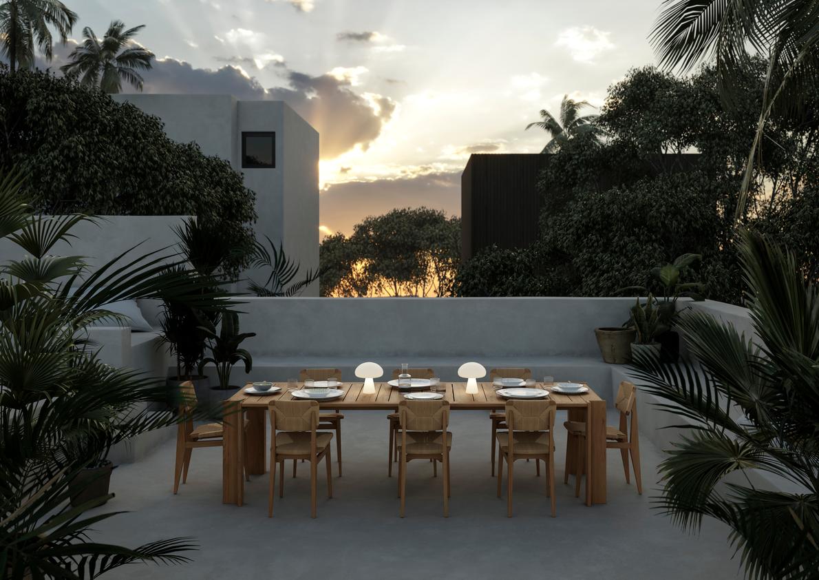The tables’ simple aesthetics maintain an understated poise with a nod to classic references without being too formal. The tabletops are made from rhythmic, repeating slats of solid, premium teak, enclosed by a frame made from the same slats, giving