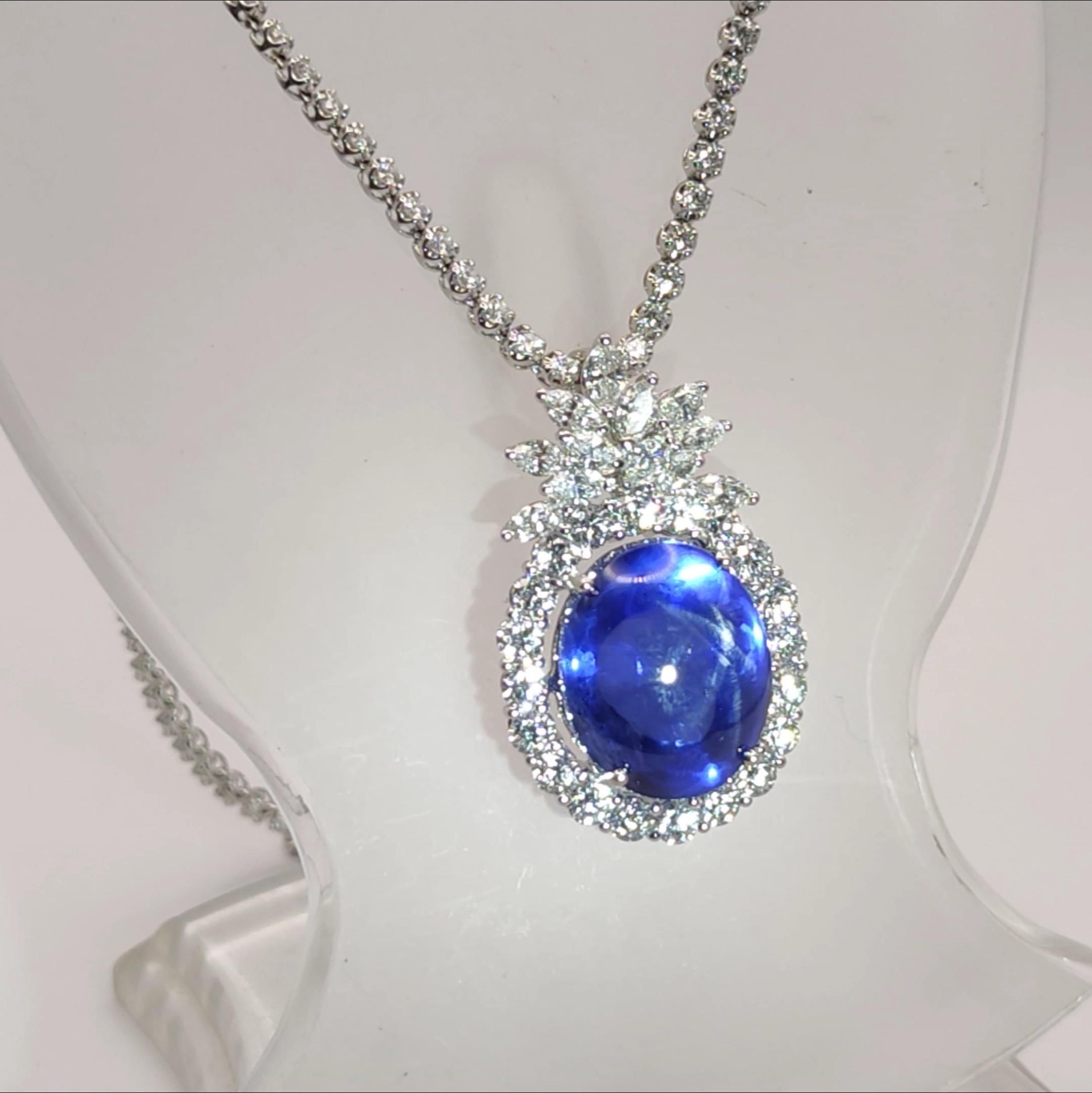 Cabochon Gublin Certified 26.88ct Unheated Blue Star Sapphire & 7.41ct Diamond Necklace For Sale