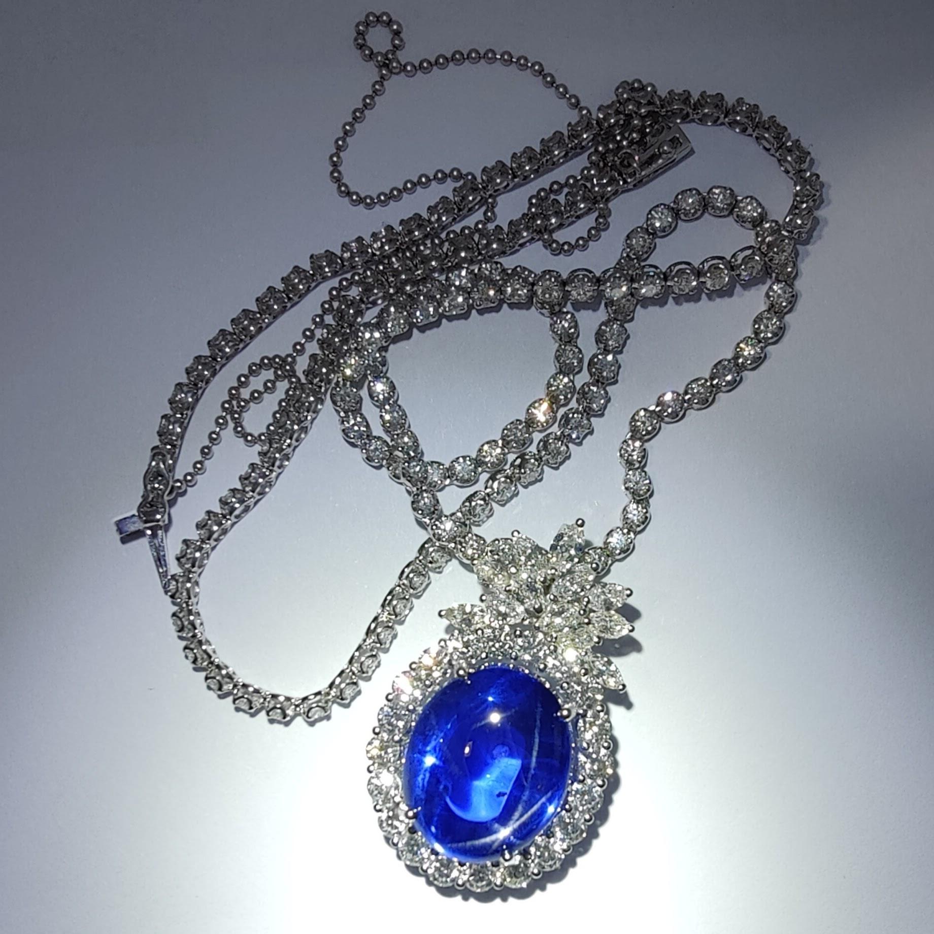 Gublin Certified 26.88ct Unheated Blue Star Sapphire & 7.41ct Diamond Necklace In New Condition For Sale In Wan Chai District, HK