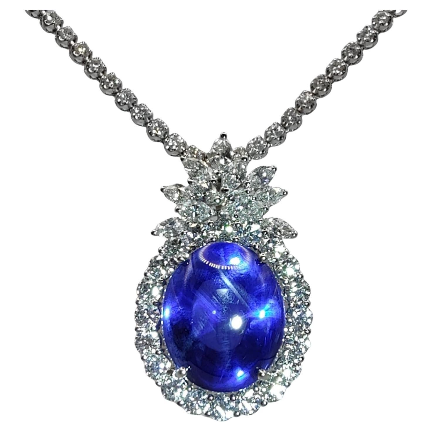 Gublin Certified 26.88ct Unheated Blue Star Sapphire & 7.41ct Diamond Necklace For Sale
