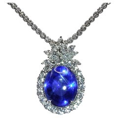Used Gublin Certified 26.88ct Unheated Blue Star Sapphire & 7.41ct Diamond Necklace
