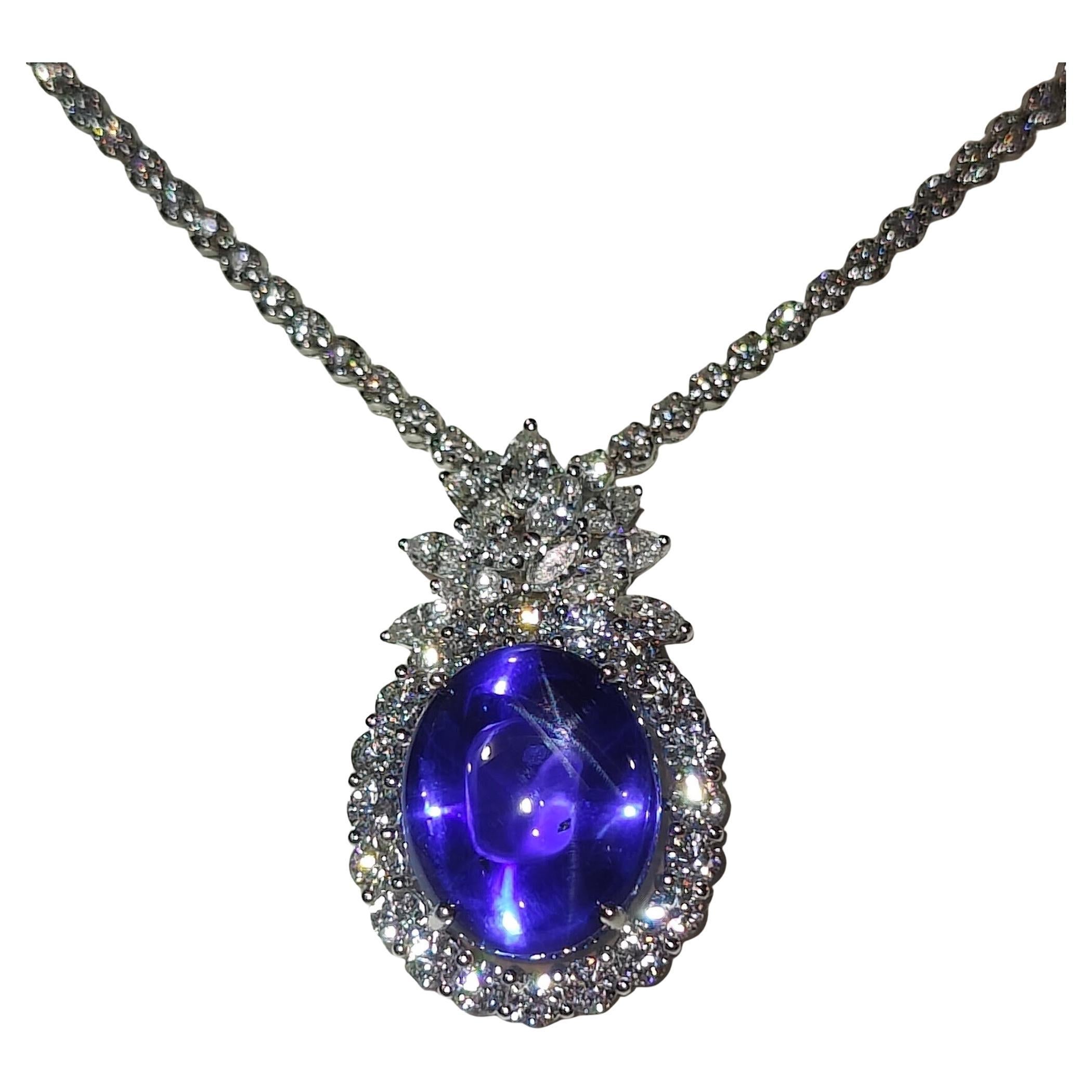 Gublin Certified 26.88ct Unheated Blue Star Sapphire & 7.41ct Diamond Necklace