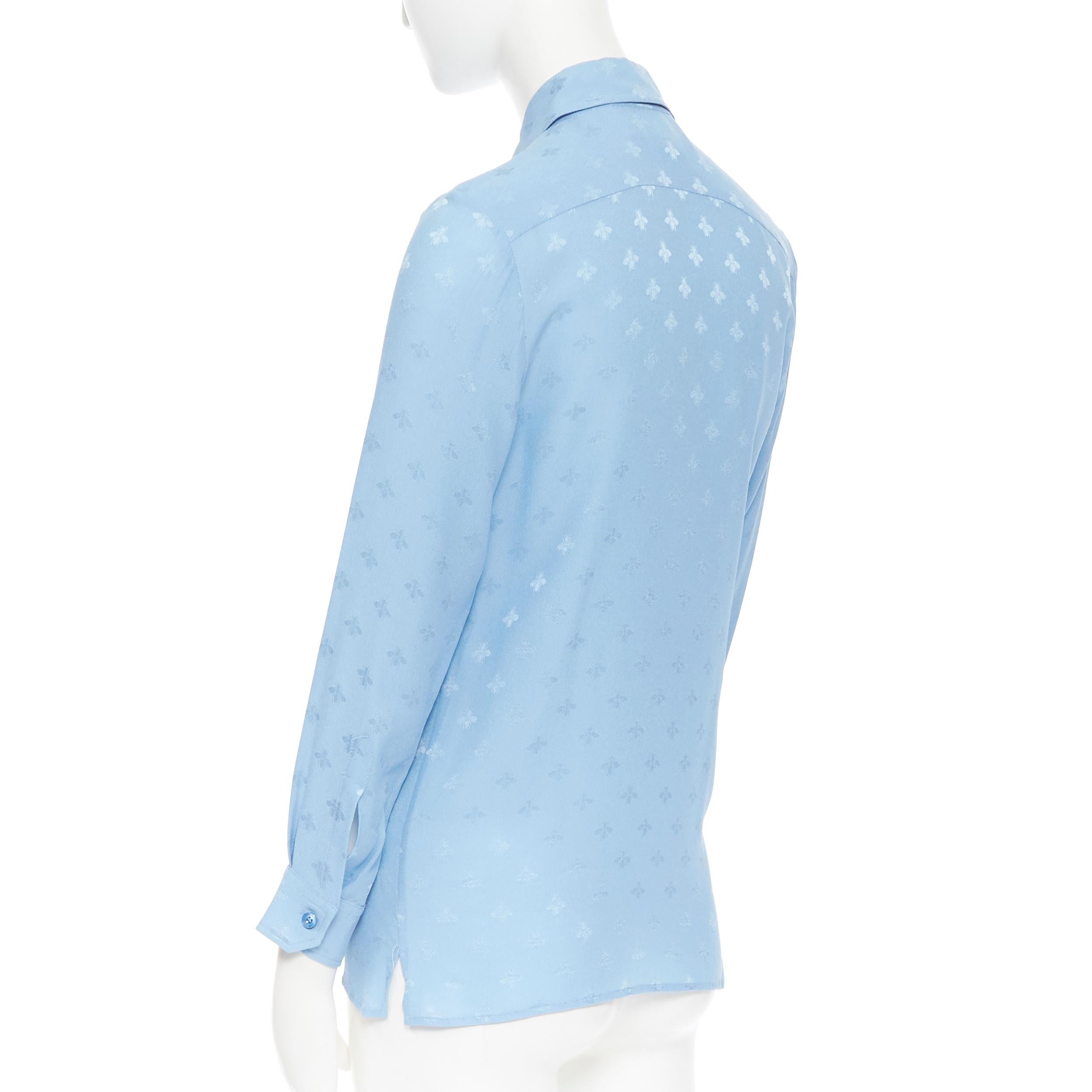 Women's GUCCI 100% Cambridge silk sky blue bee jacquard club collar shirt IT38 XS