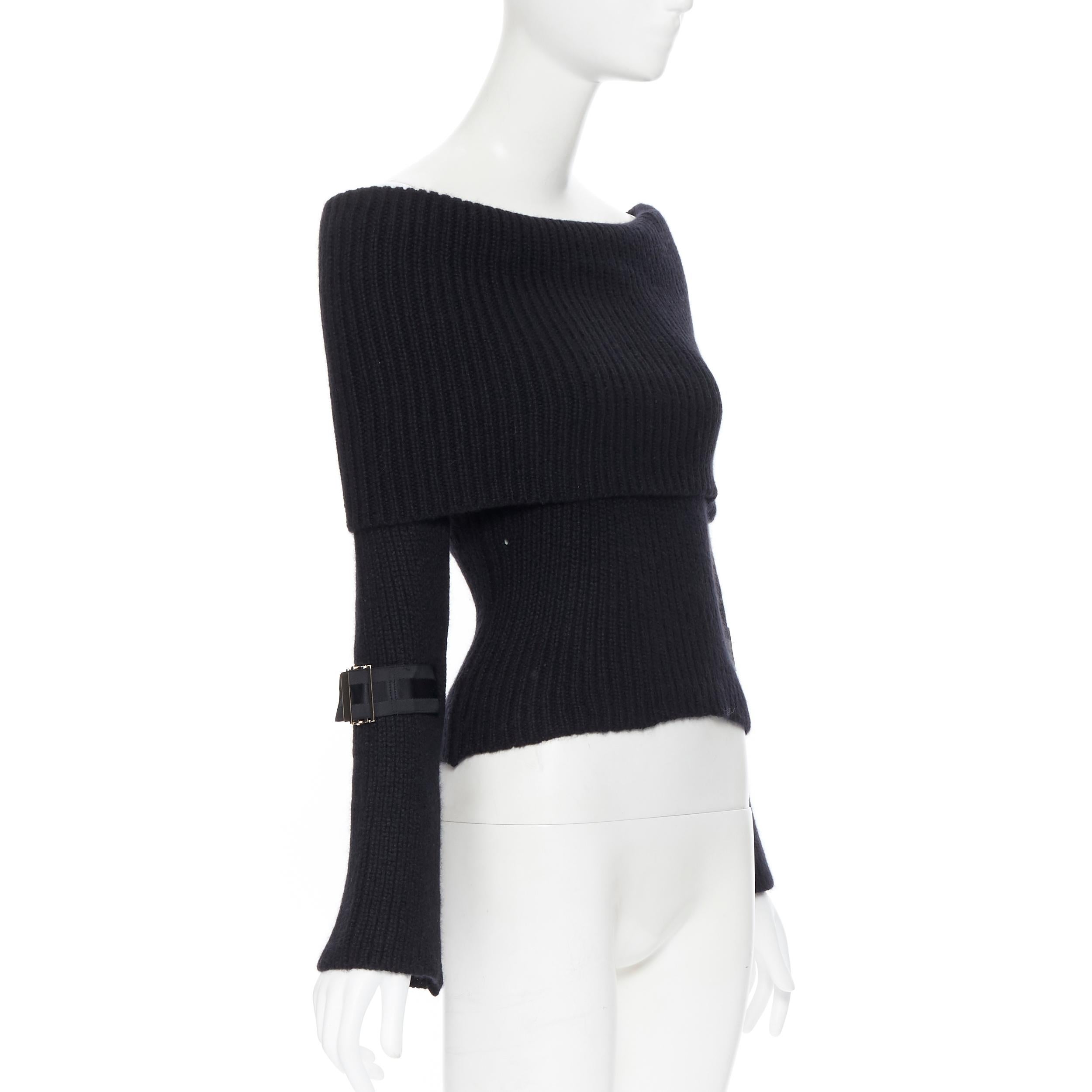 Black GUCCI 100% cashmere black foldover off shoulder web buckle cuff sweater XS