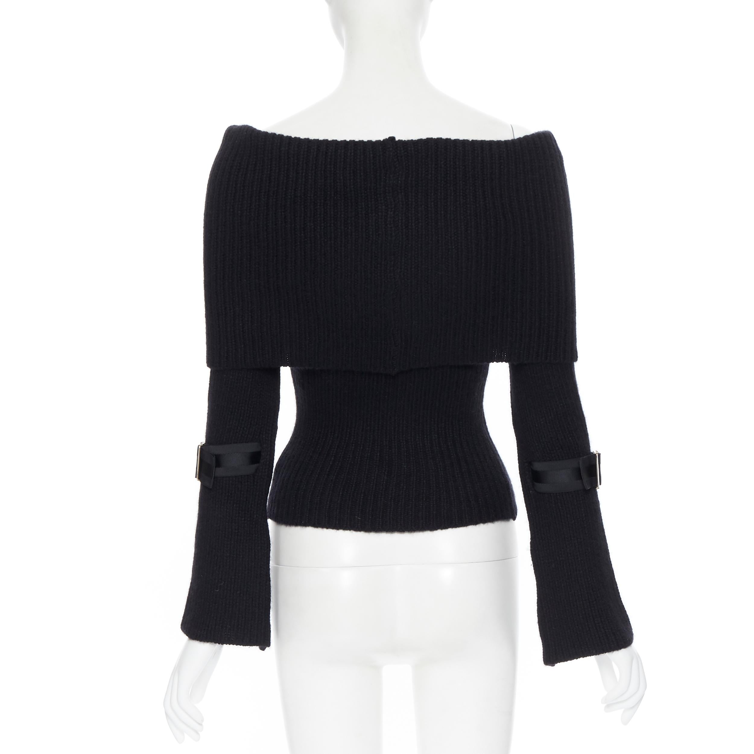 Women's GUCCI 100% cashmere black foldover off shoulder web buckle cuff sweater XS