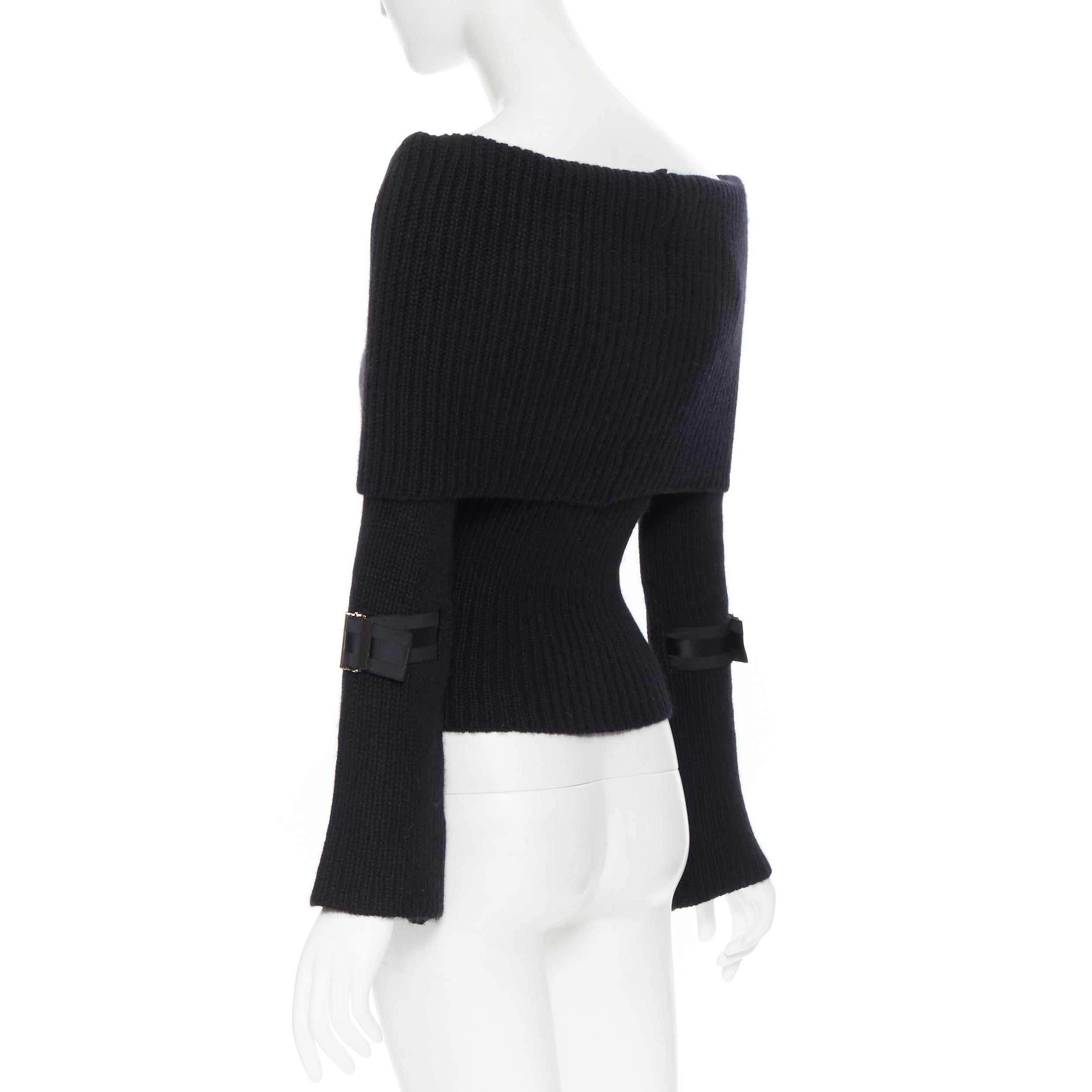GUCCI 100% cashmere black foldover off shoulder web buckle cuff sweater XS 1
