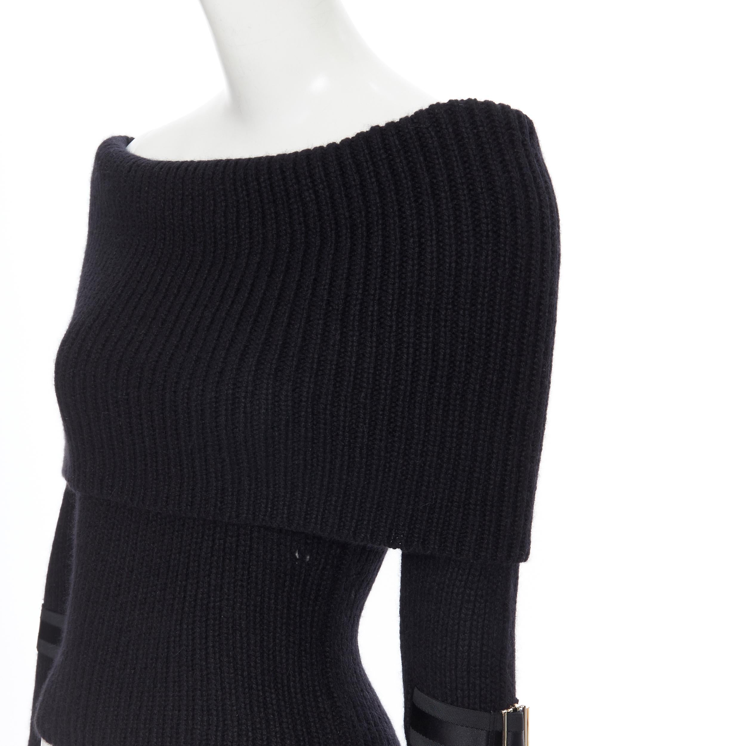 GUCCI 100% cashmere black foldover off shoulder web buckle cuff sweater XS 2