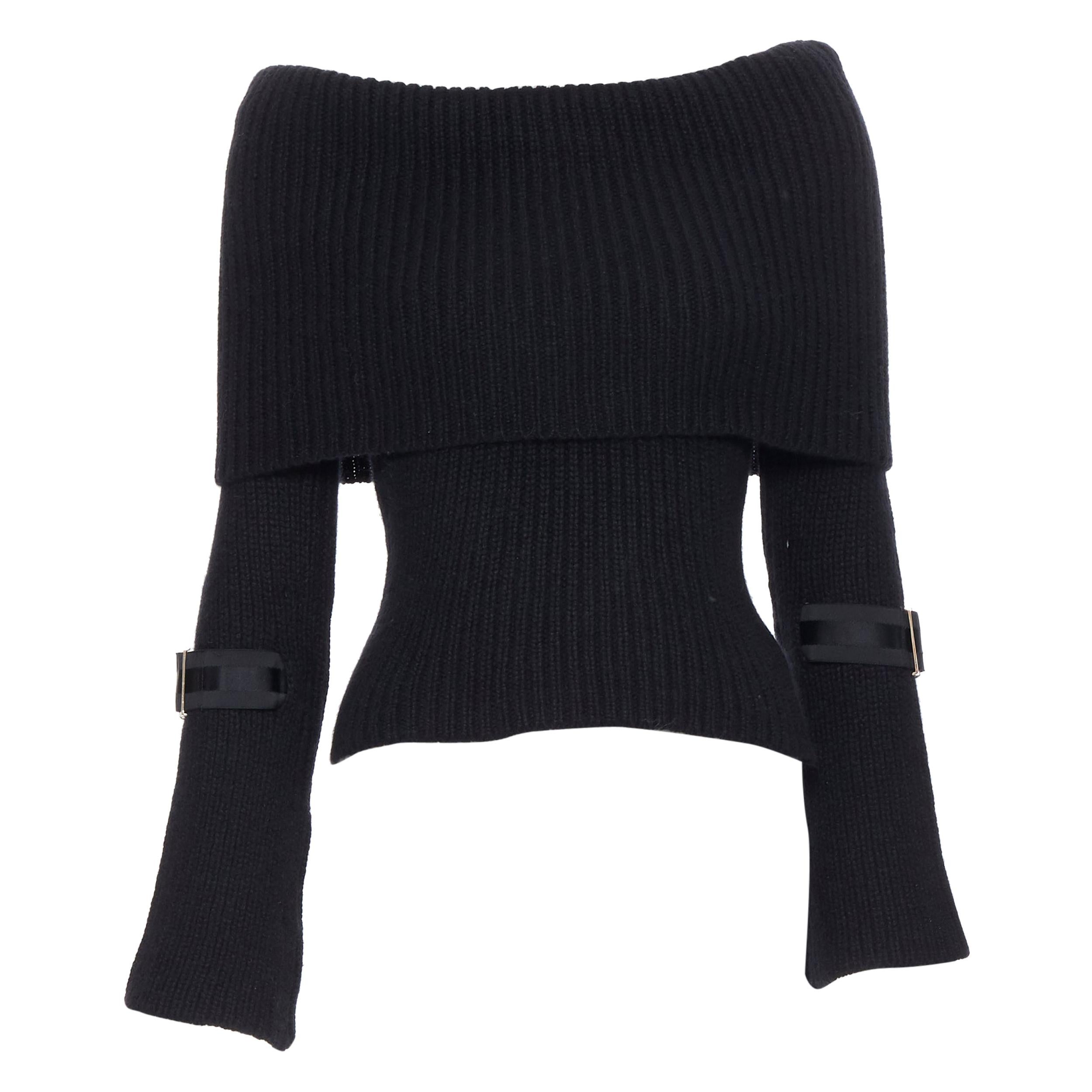 GUCCI 100% cashmere black foldover off shoulder web buckle cuff sweater XS