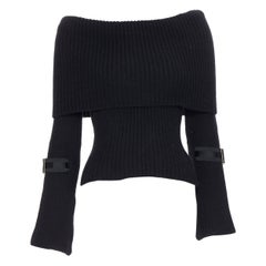 GUCCI 100% cashmere black foldover off shoulder web buckle cuff sweater XS