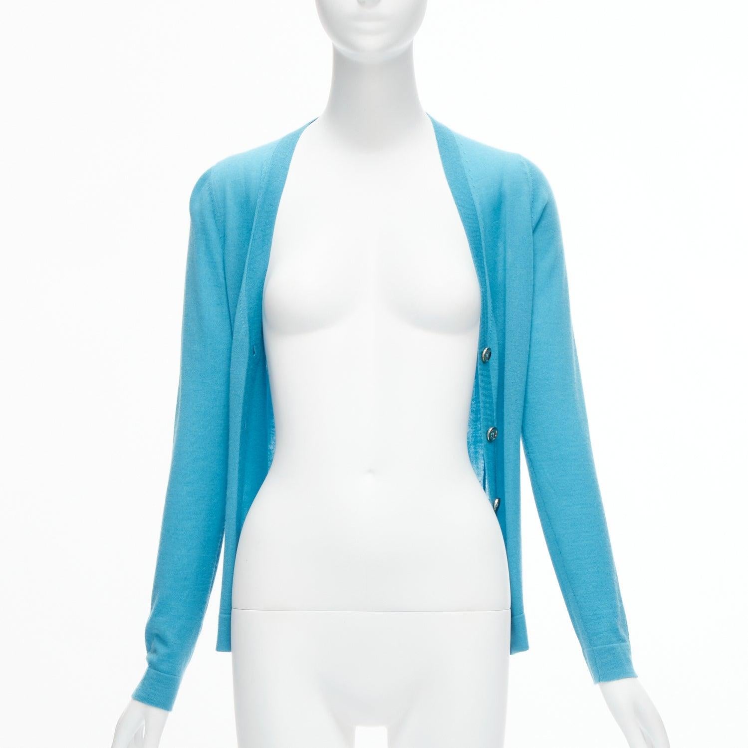 Blue GUCCI 100% cashmere blue silver GG button long sleeve cardigan sweater IT38 XS For Sale