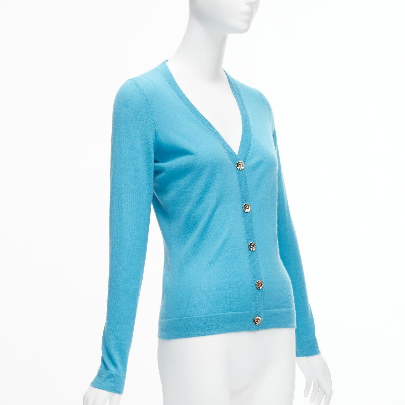 GUCCI 100% cashmere blue silver GG button long sleeve cardigan sweater IT38 XS In Excellent Condition For Sale In Hong Kong, NT