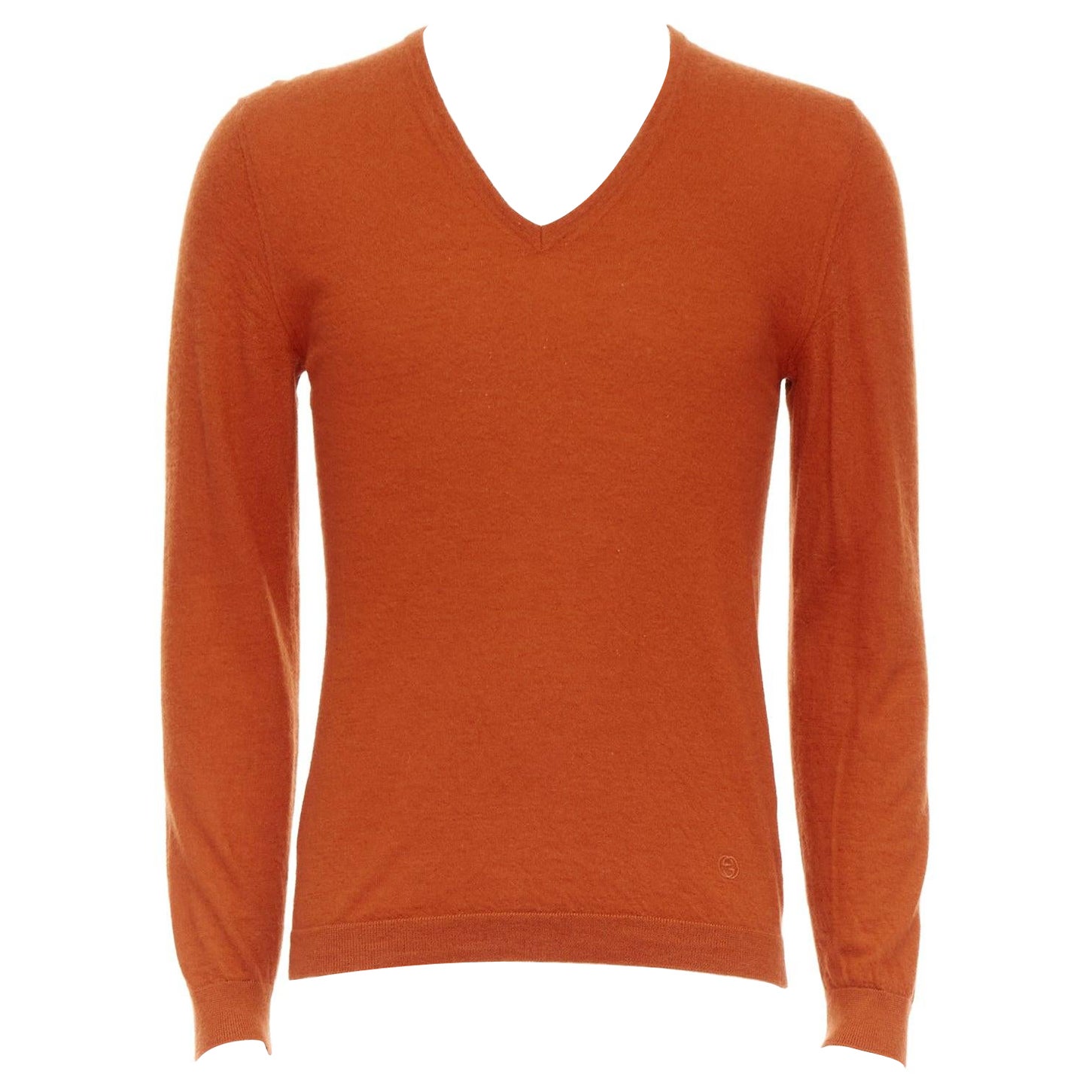 GUCCI 100% cashmere burnt orange V-neck GG logo embroidery sweater L