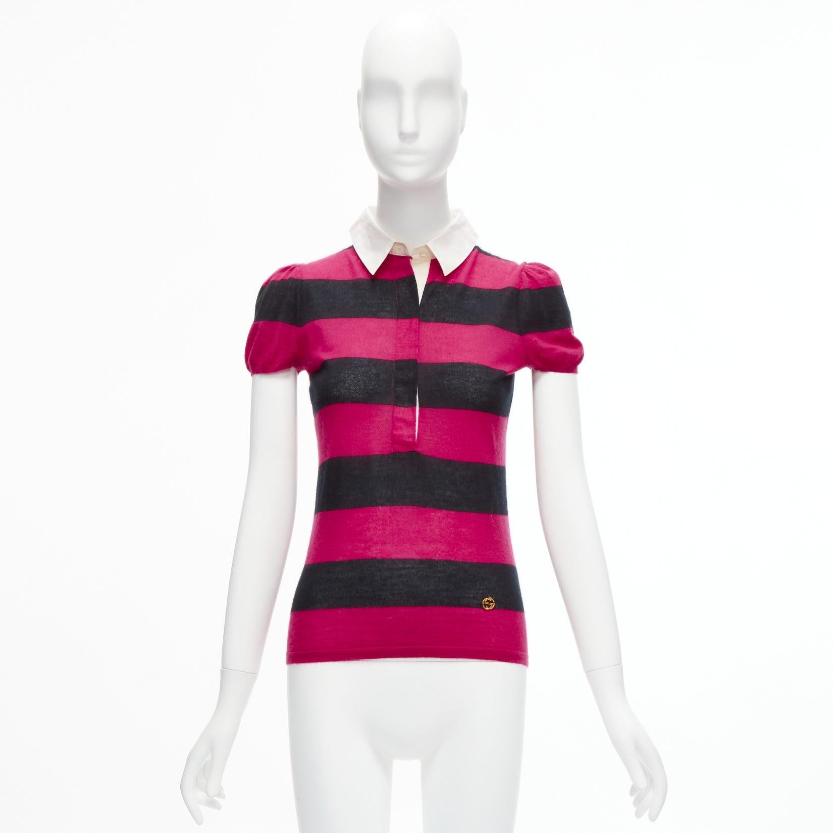 GUCCI 100% cashmere pink black GG charm collar puff sleeve polo shirt IT38 XS 5