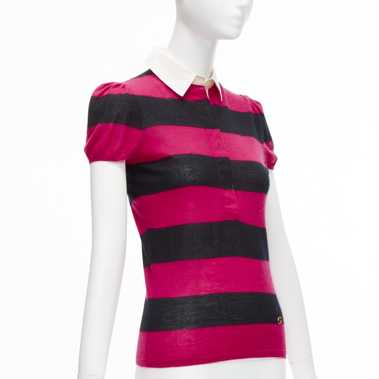 Purple GUCCI 100% cashmere pink black GG charm collar puff sleeve polo shirt IT38 XS