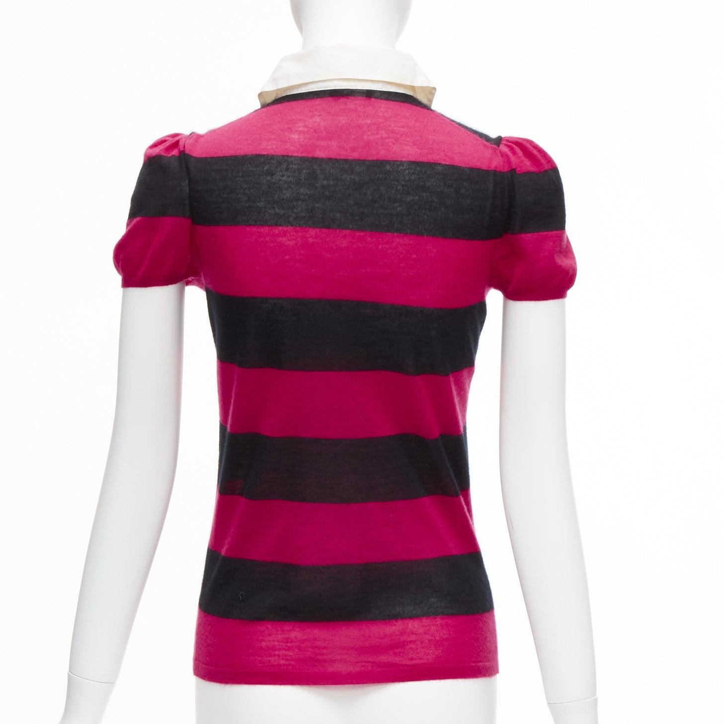 Women's GUCCI 100% cashmere pink black GG charm collar puff sleeve polo shirt IT38 XS