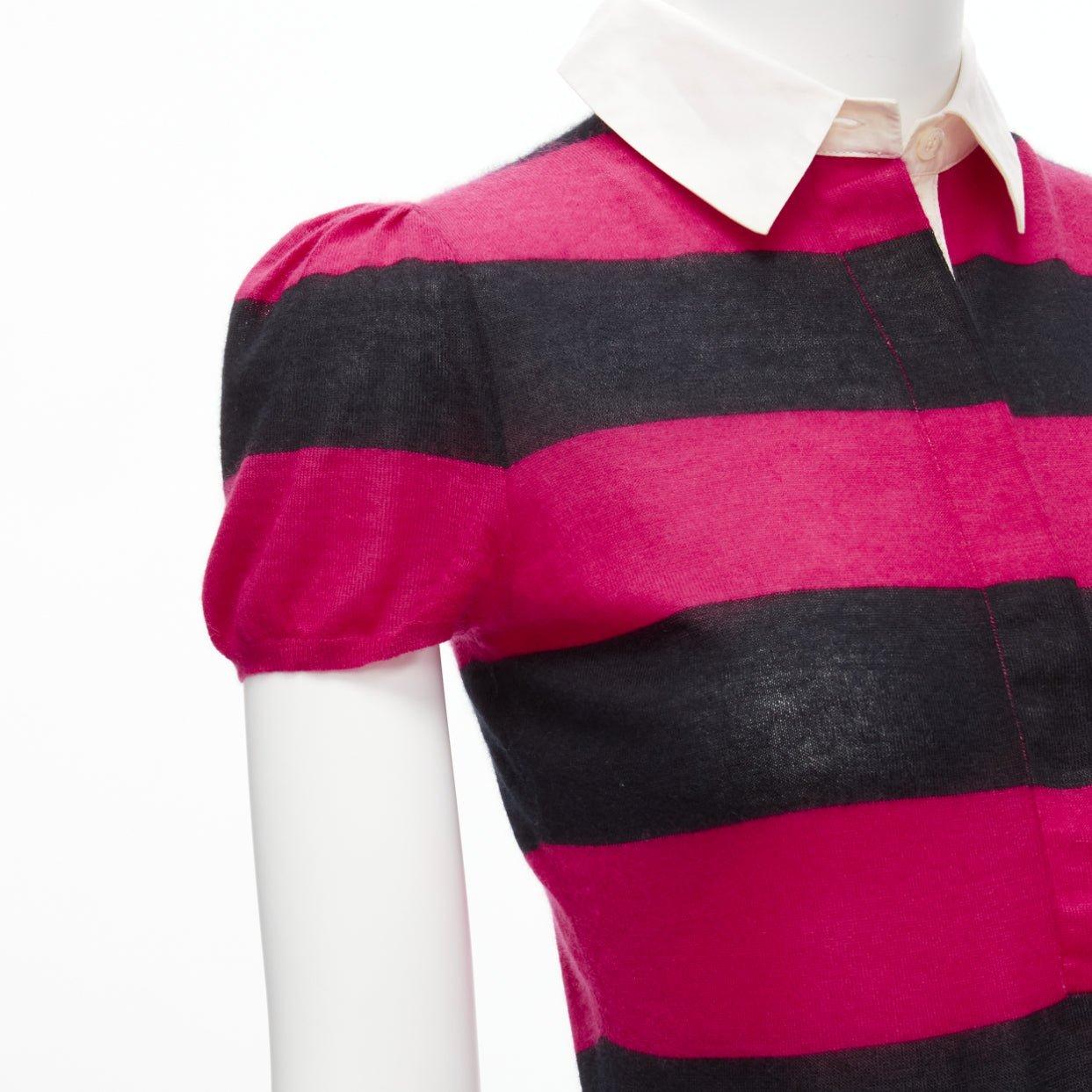GUCCI 100% cashmere pink black GG charm collar puff sleeve polo shirt IT38 XS 3