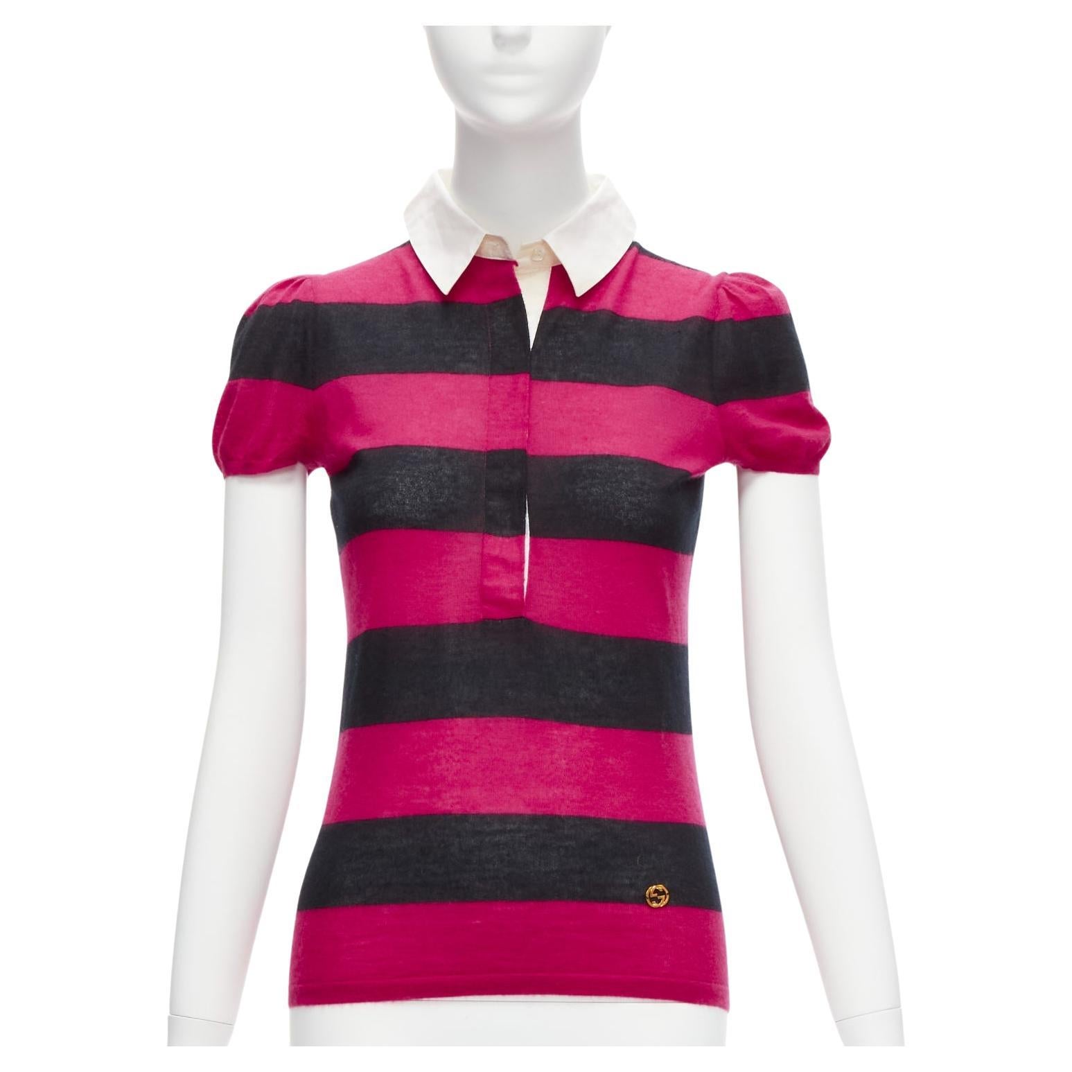 GUCCI 100% cashmere pink black GG logo charm cotton collar puff sleeve polo shir