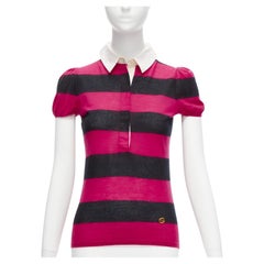 GUCCI 100% cashmere pink black GG logo charm cotton collar puff sleeve polo shir
