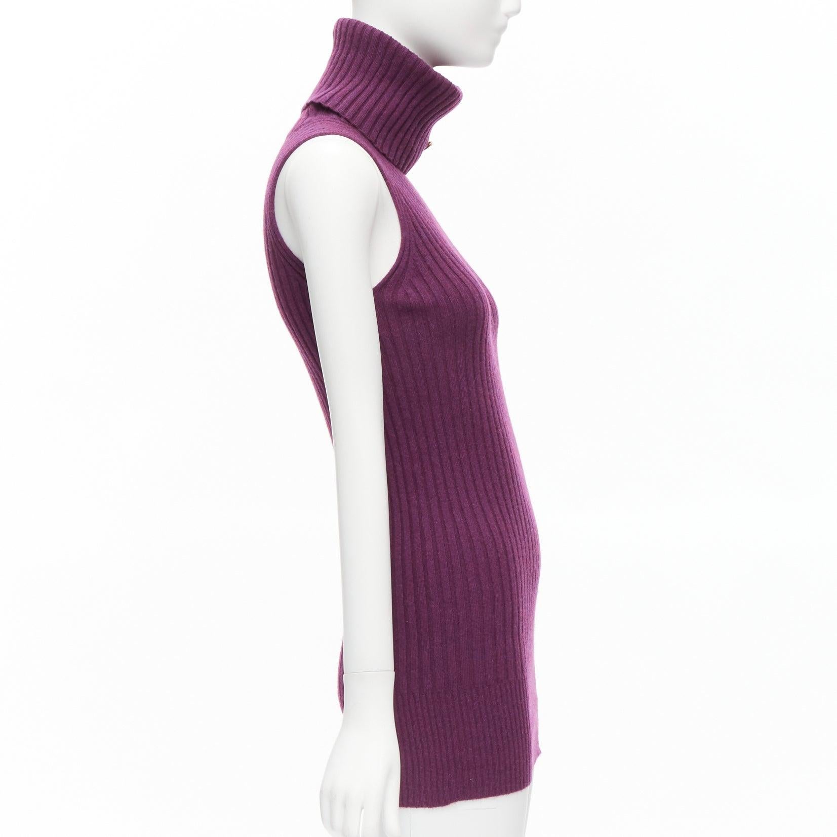 Women's GUCCI 100% cashmere purple gold shield charm turtleneck vest tunic sweater IT38  For Sale
