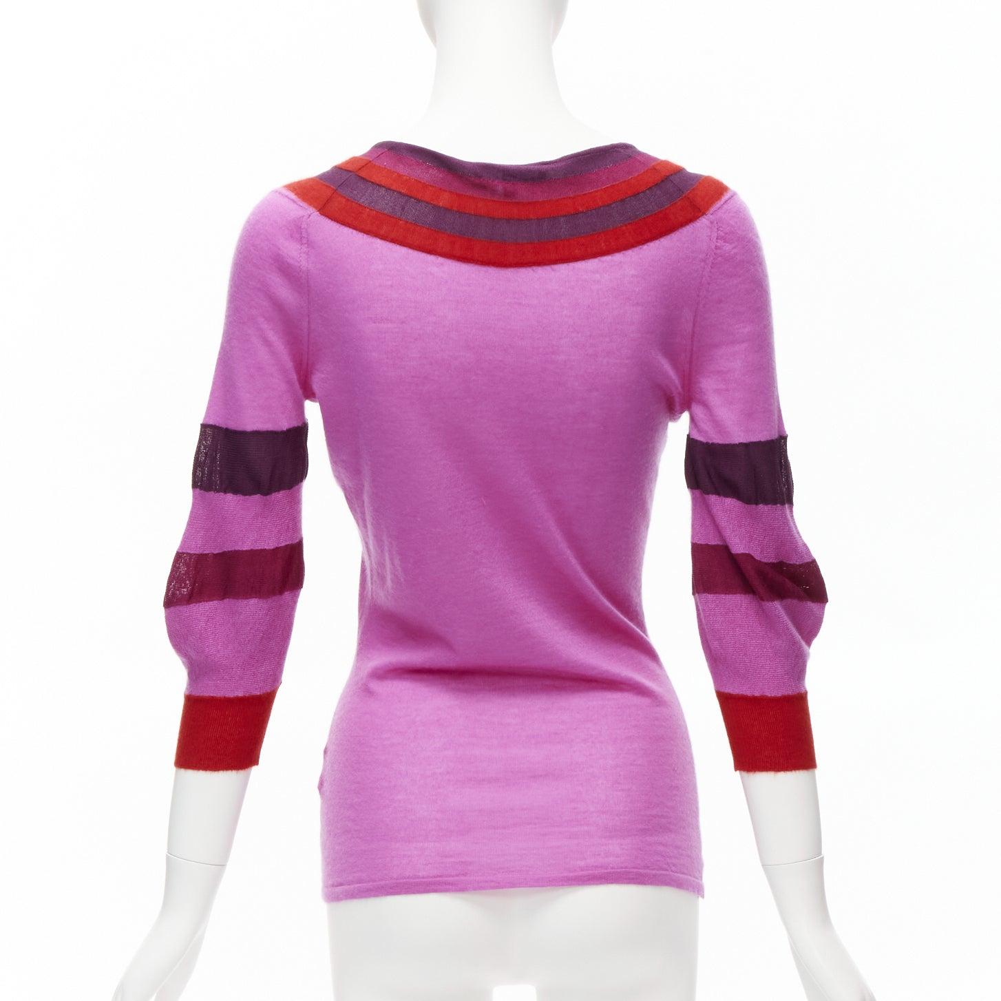 GUCCI 100% cashmere purple red color blocked V neck cropped sleeve knitted top I 1