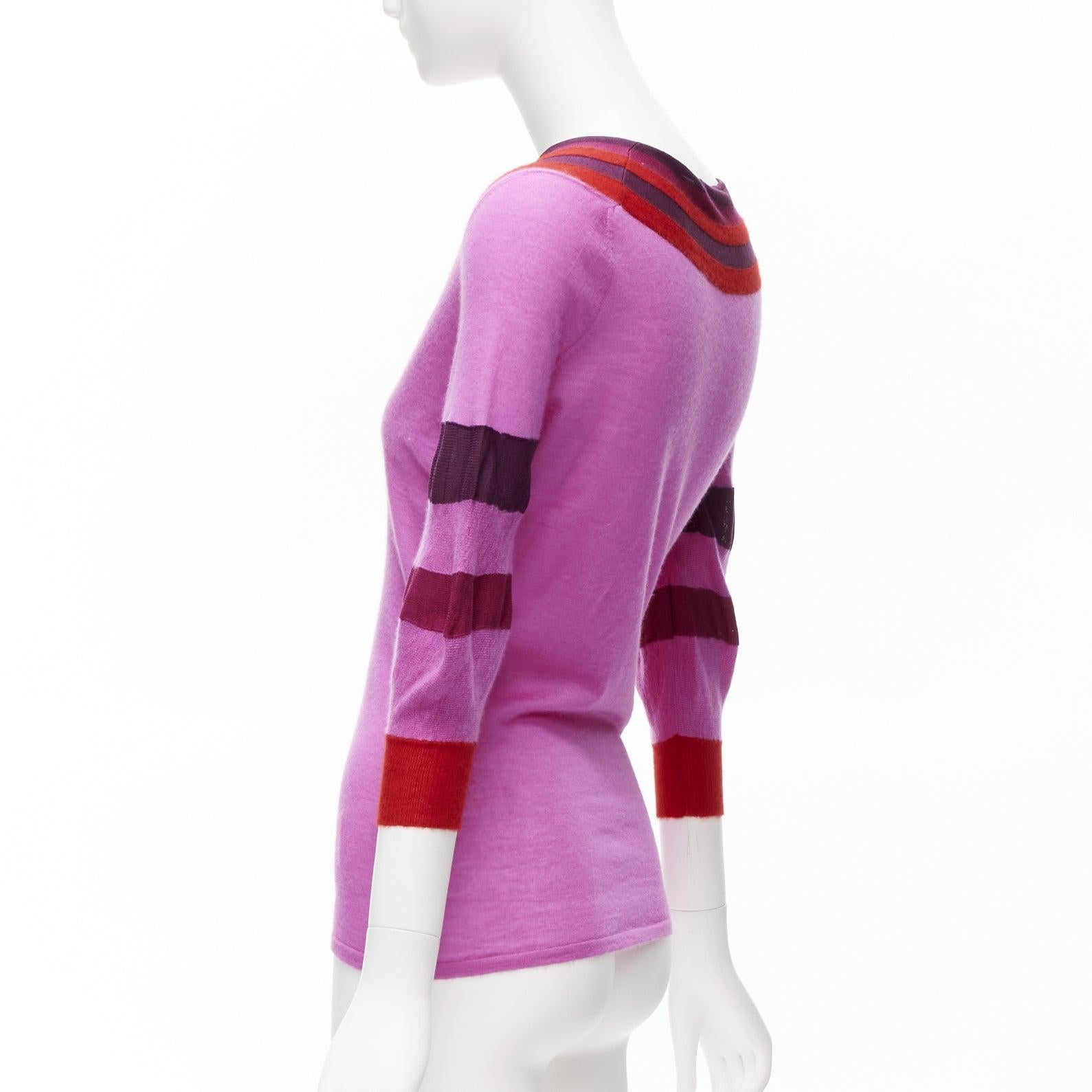 GUCCI 100% cashmere purple red color blocked V neck cropped sleeve knitted top I 2
