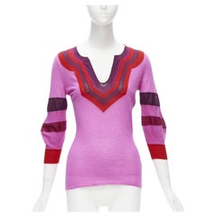 GUCCI 100% cashmere purple red color blocked V neck cropped sleeve knitted top I