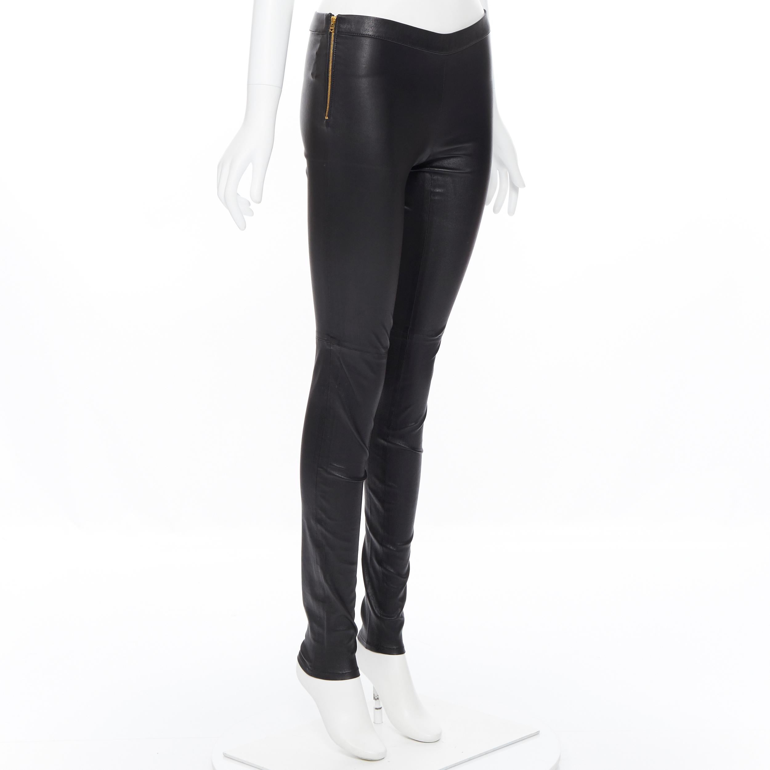 Black GUCCI 100% leather black gold zip side minimal stretchy skinng leg pants IT36 XS