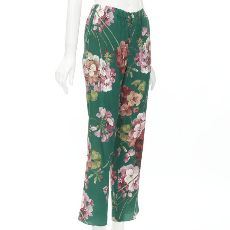 Gray GUCCI 100% silk Blooms green pink floral print pajama pants IT36 XS For Sale